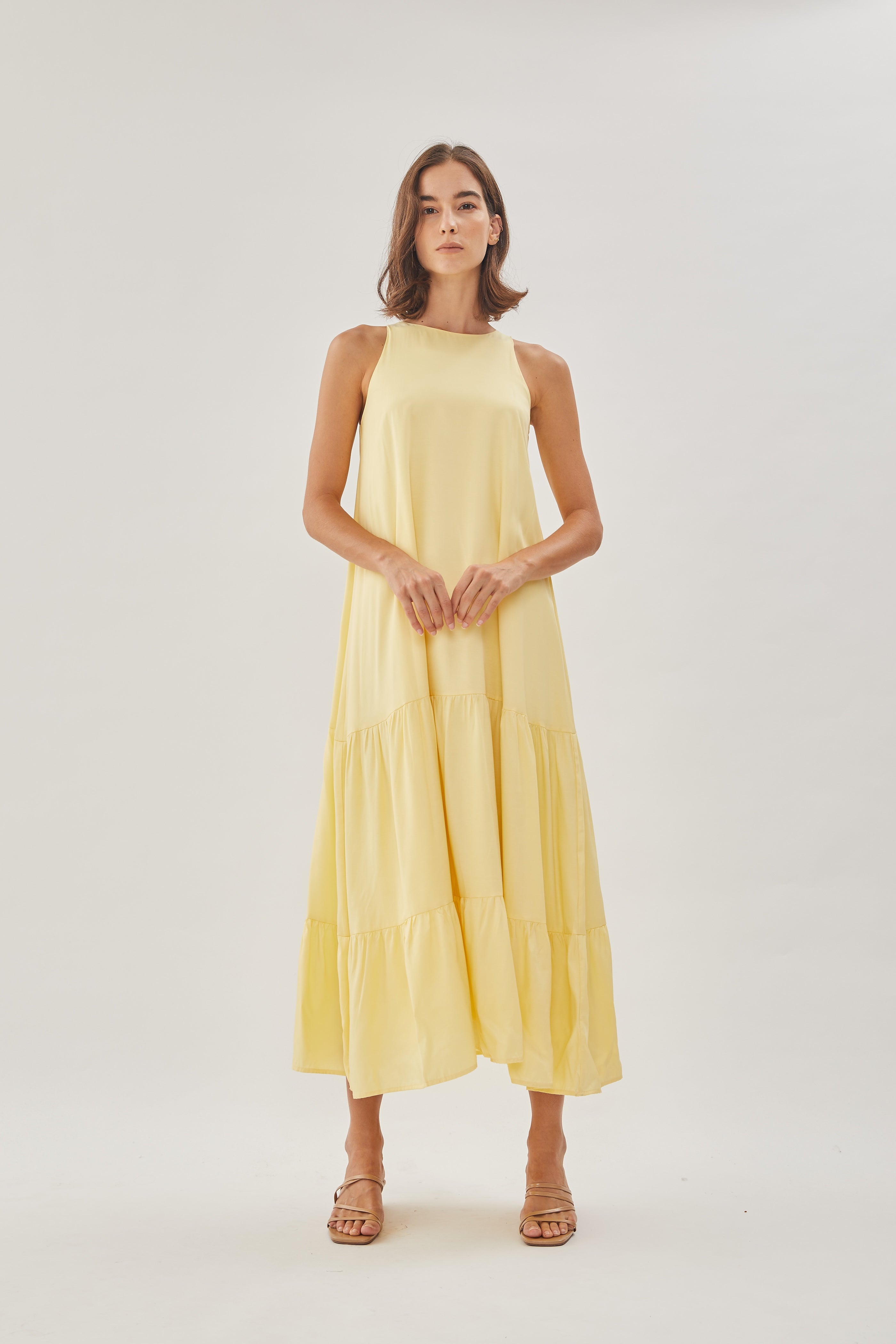Cotton Blend Tiered Maxi Dress in Yellow