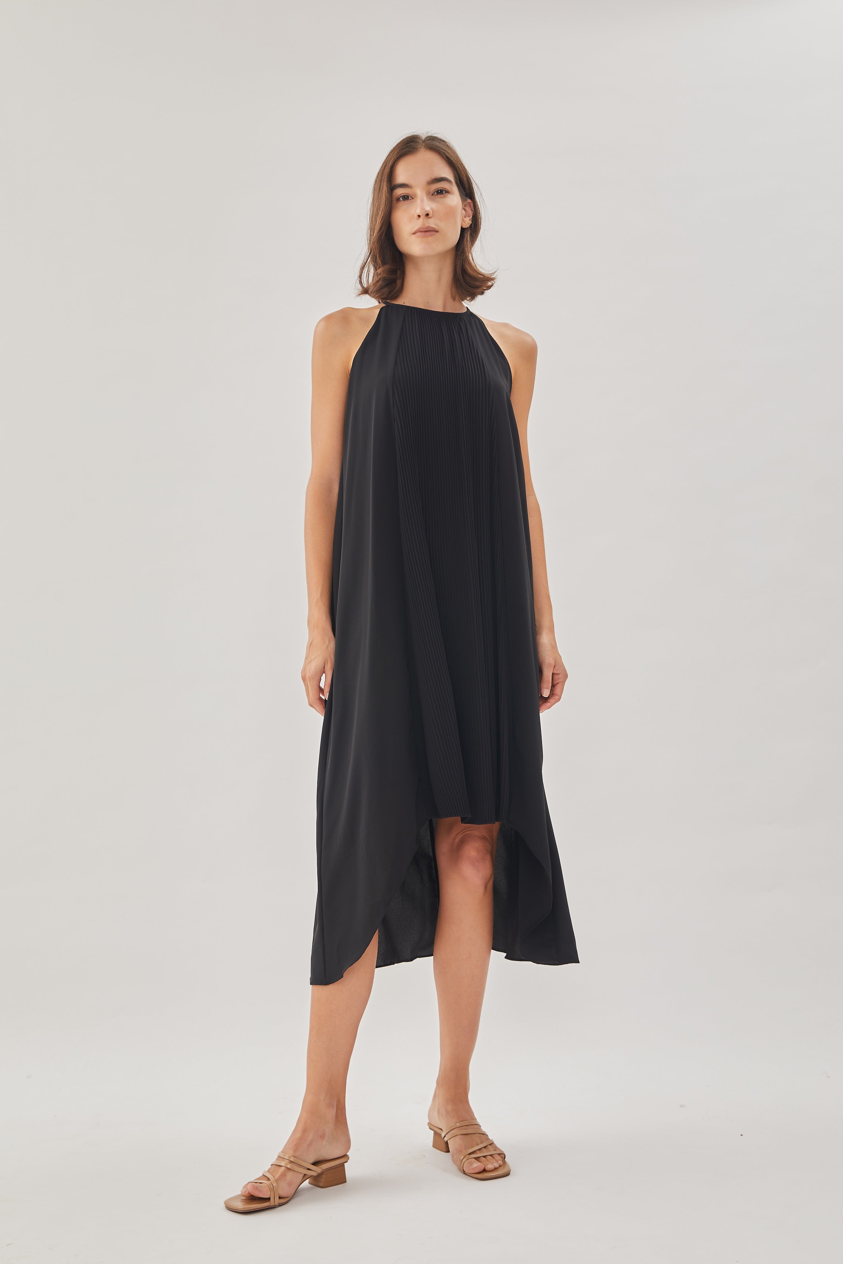 Pleated Halter Dress in Black