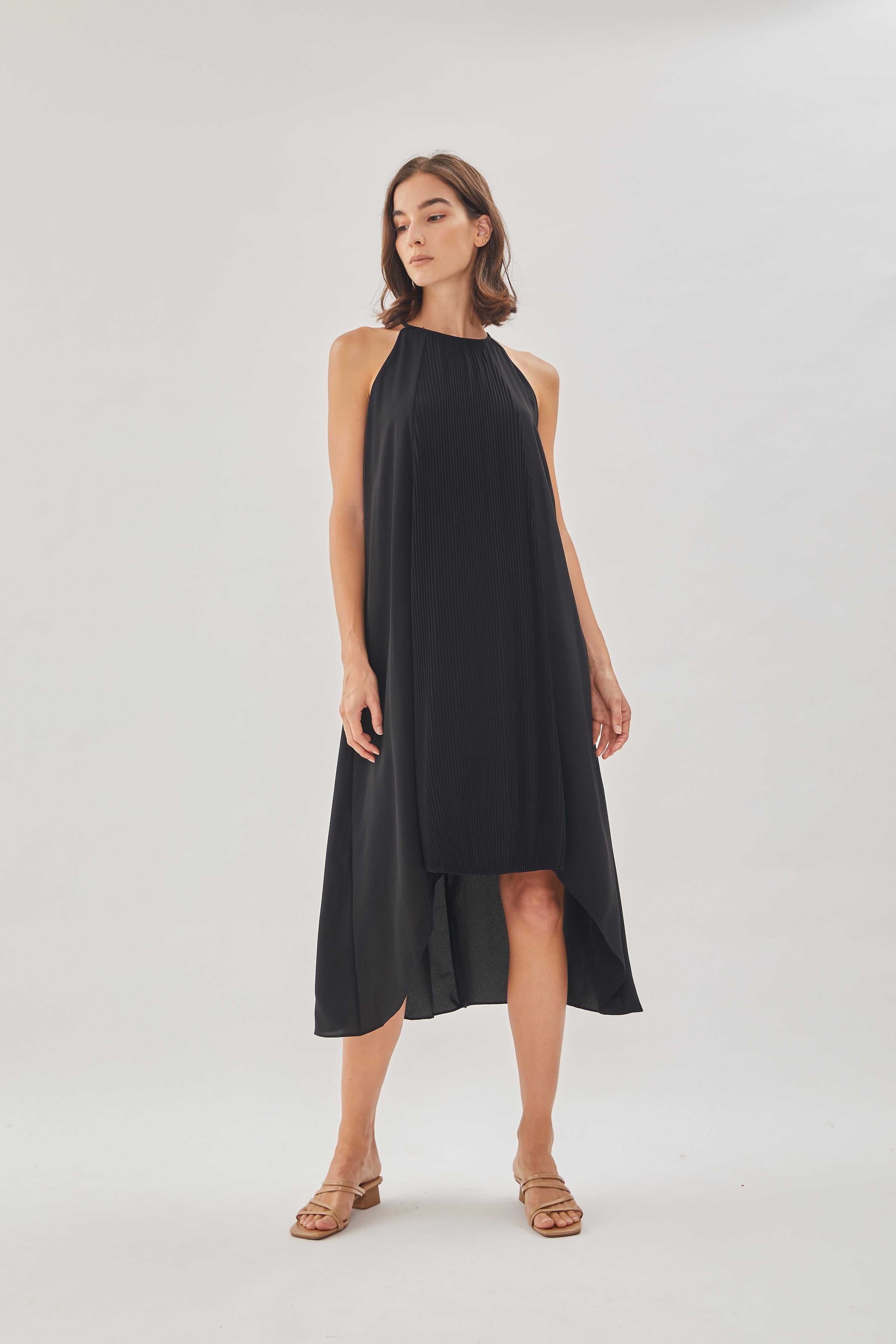 Pleated Halter Dress in Black