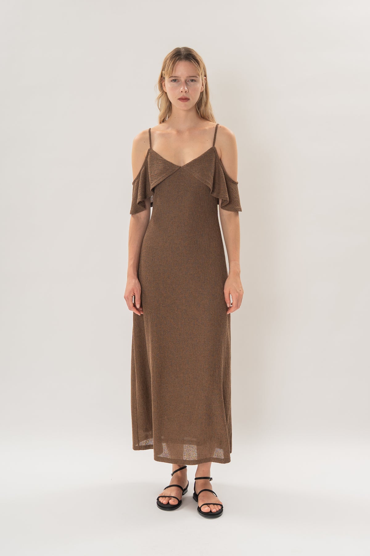 Open Shoulder Cami Knitted Maxi Dress in Heather Brown