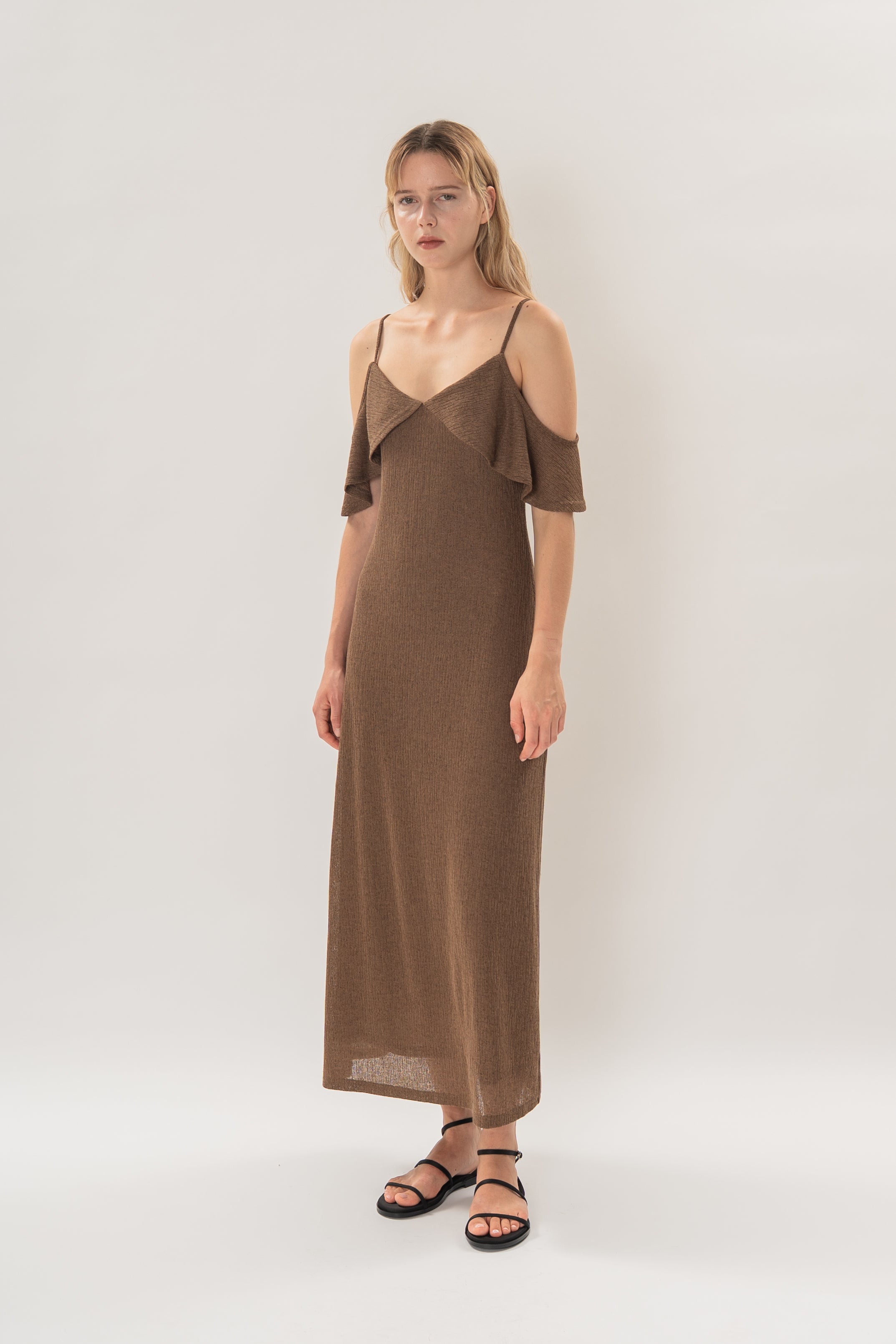 Open Shoulder Cami Knitted Maxi Dress in Heather Brown