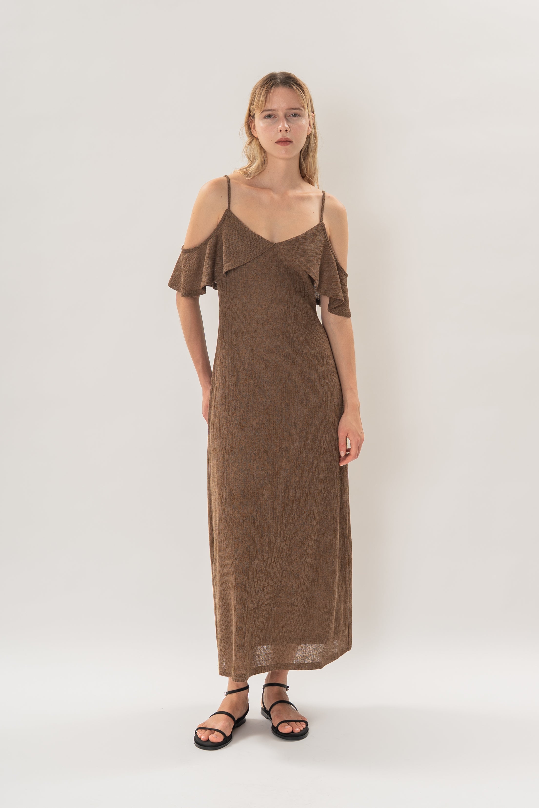 Open Shoulder Cami Knitted Maxi Dress in Heather Brown