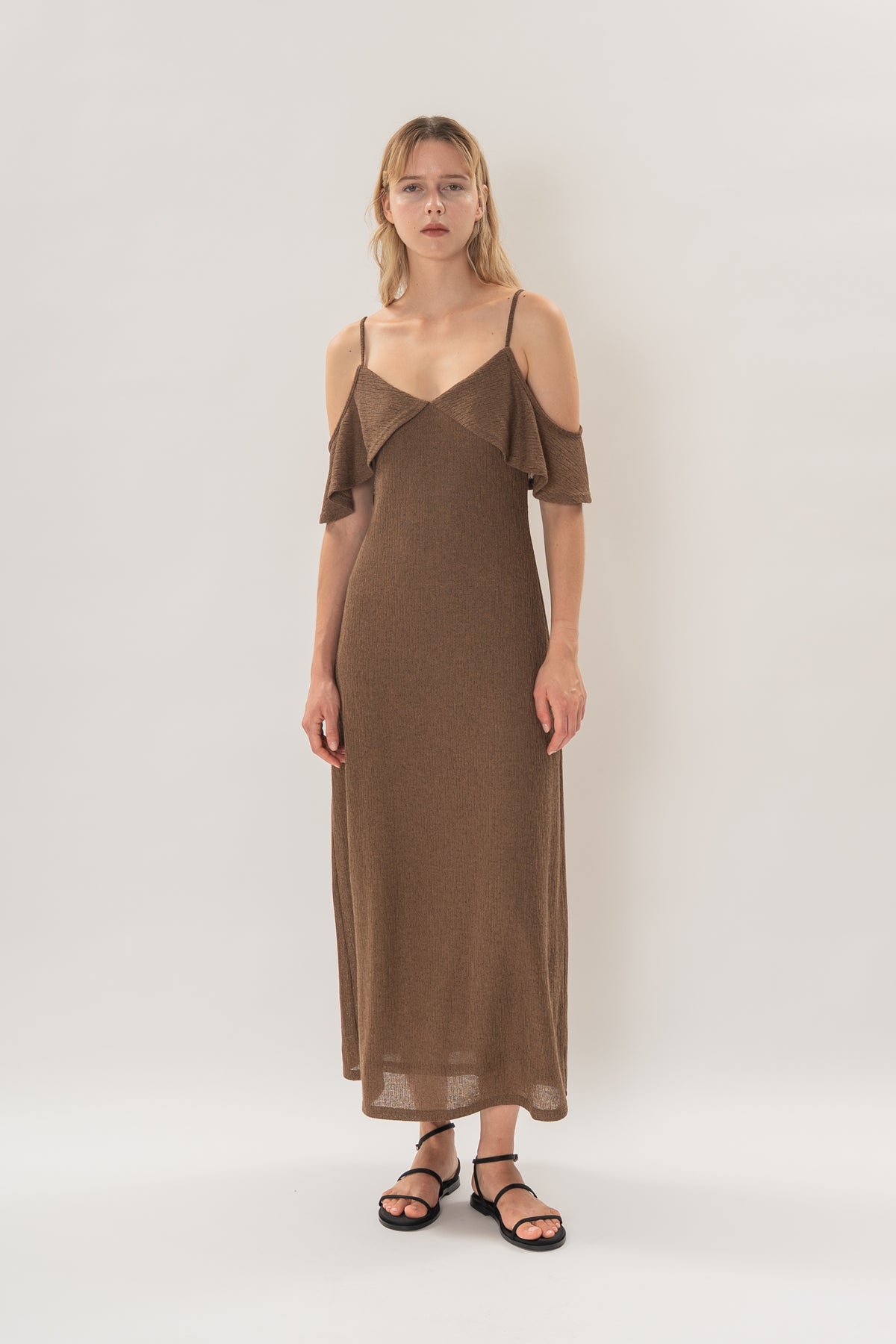 Open Shoulder Cami Knitted Maxi Dress in Heather Brown
