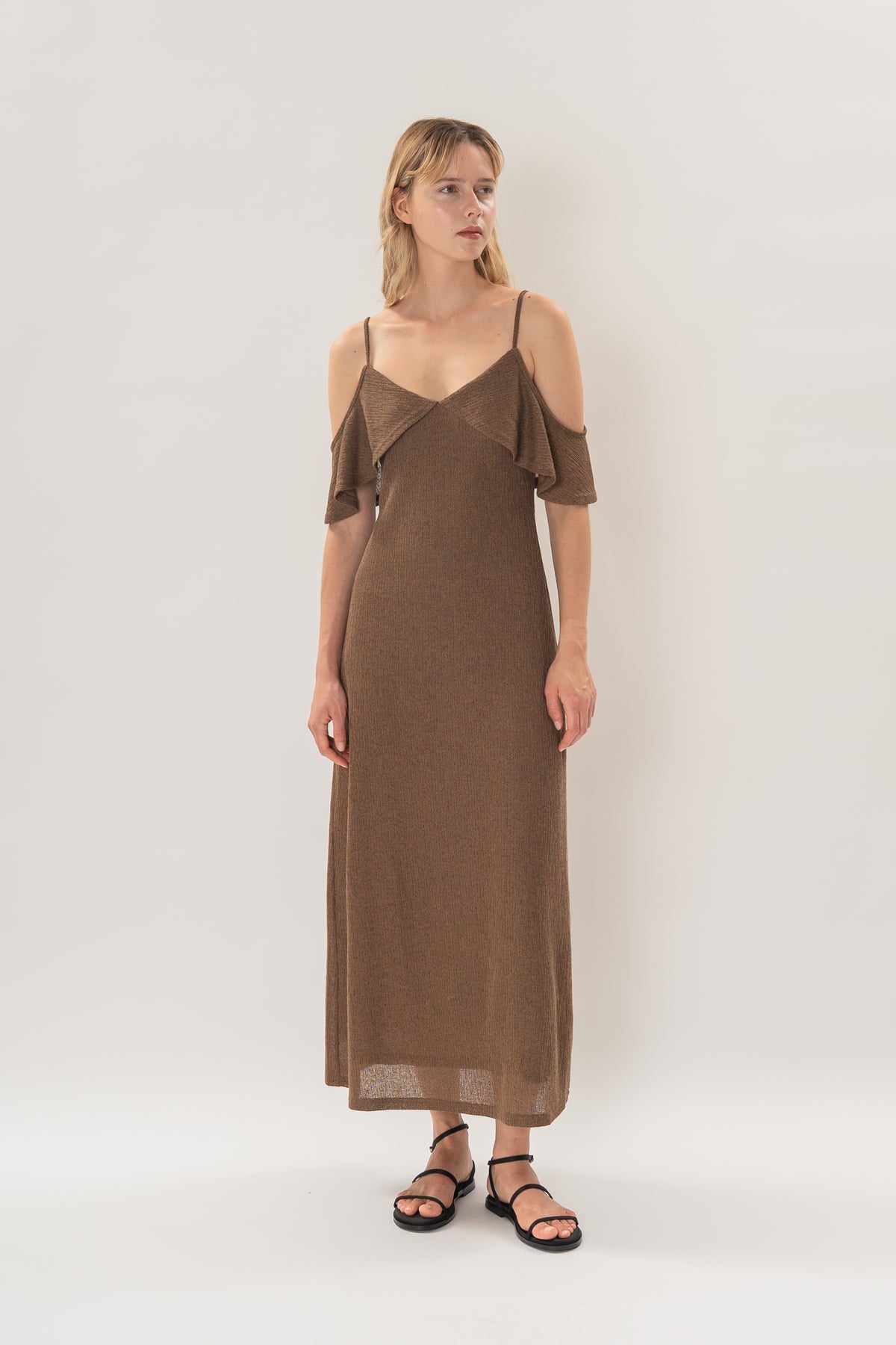 Open Shoulder Cami Knitted Maxi Dress in Heather Brown