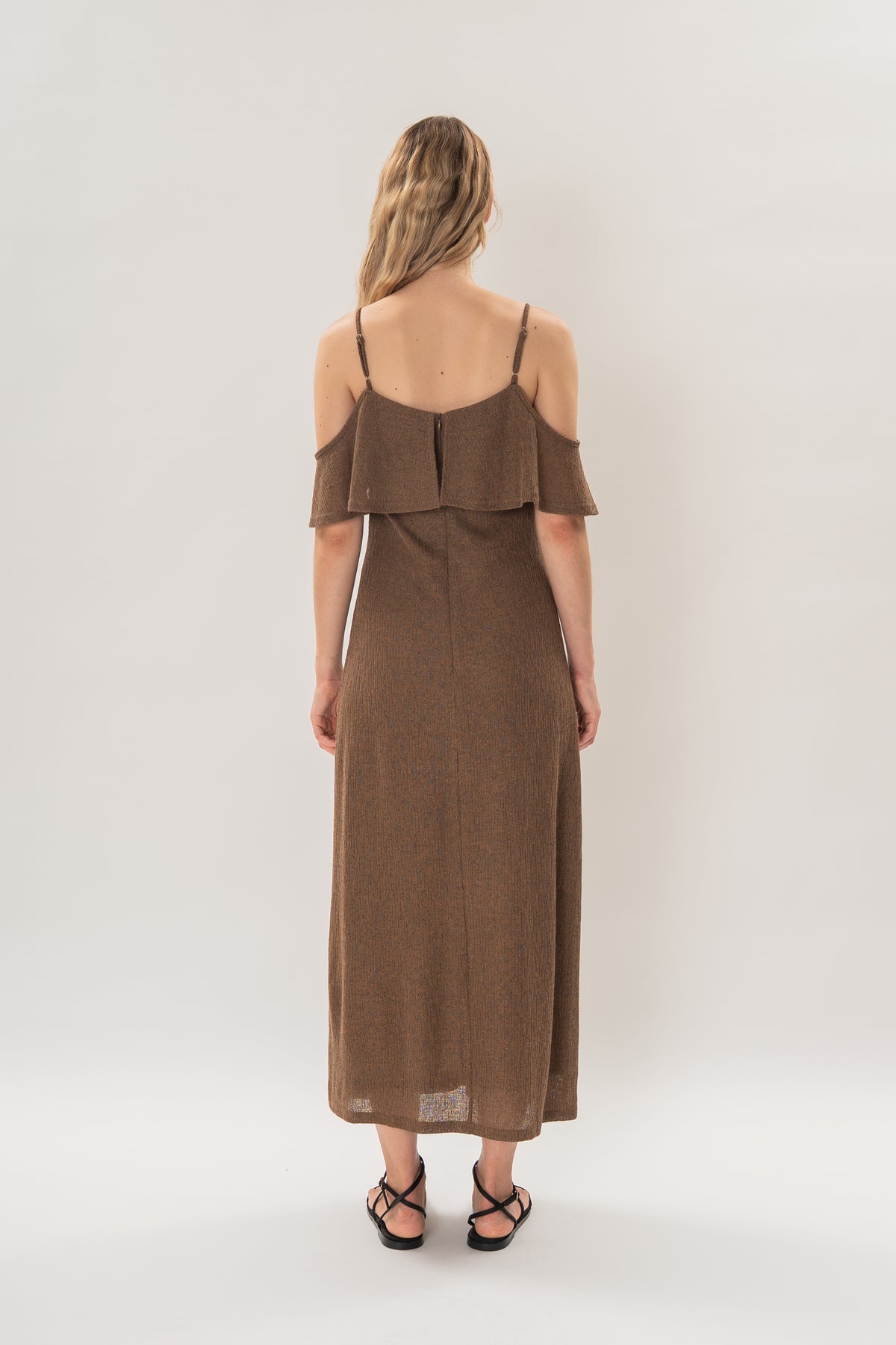 Open Shoulder Cami Knitted Maxi Dress in Heather Brown