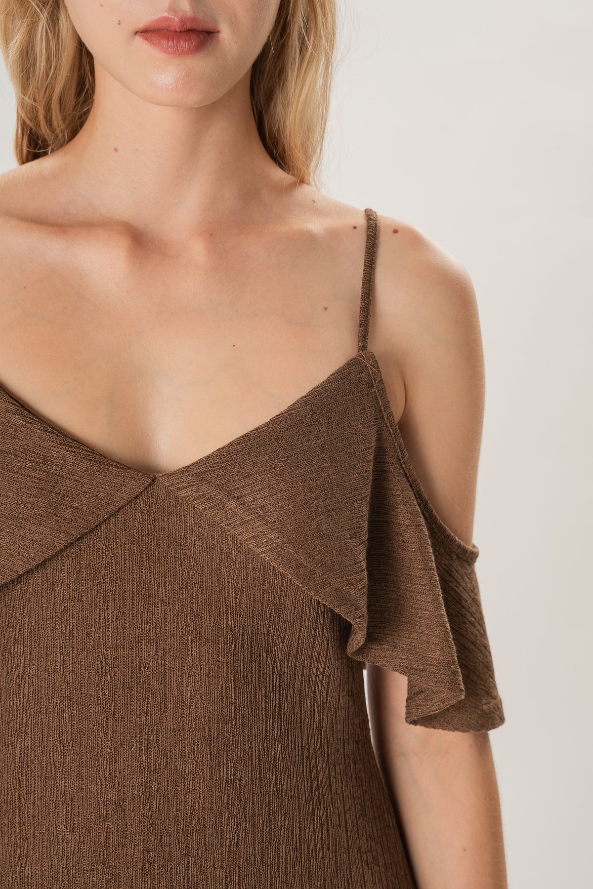 Open Shoulder Cami Knitted Maxi Dress in Heather Brown