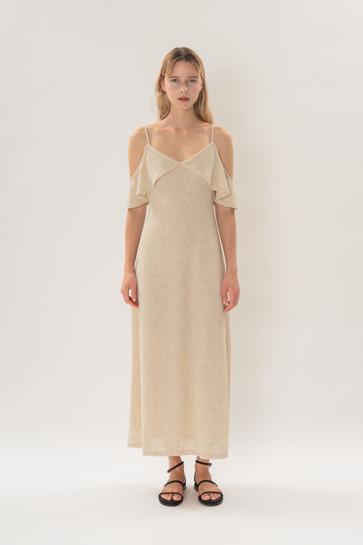 Open Shoulder Cami Knitted Maxi Dress in Hay