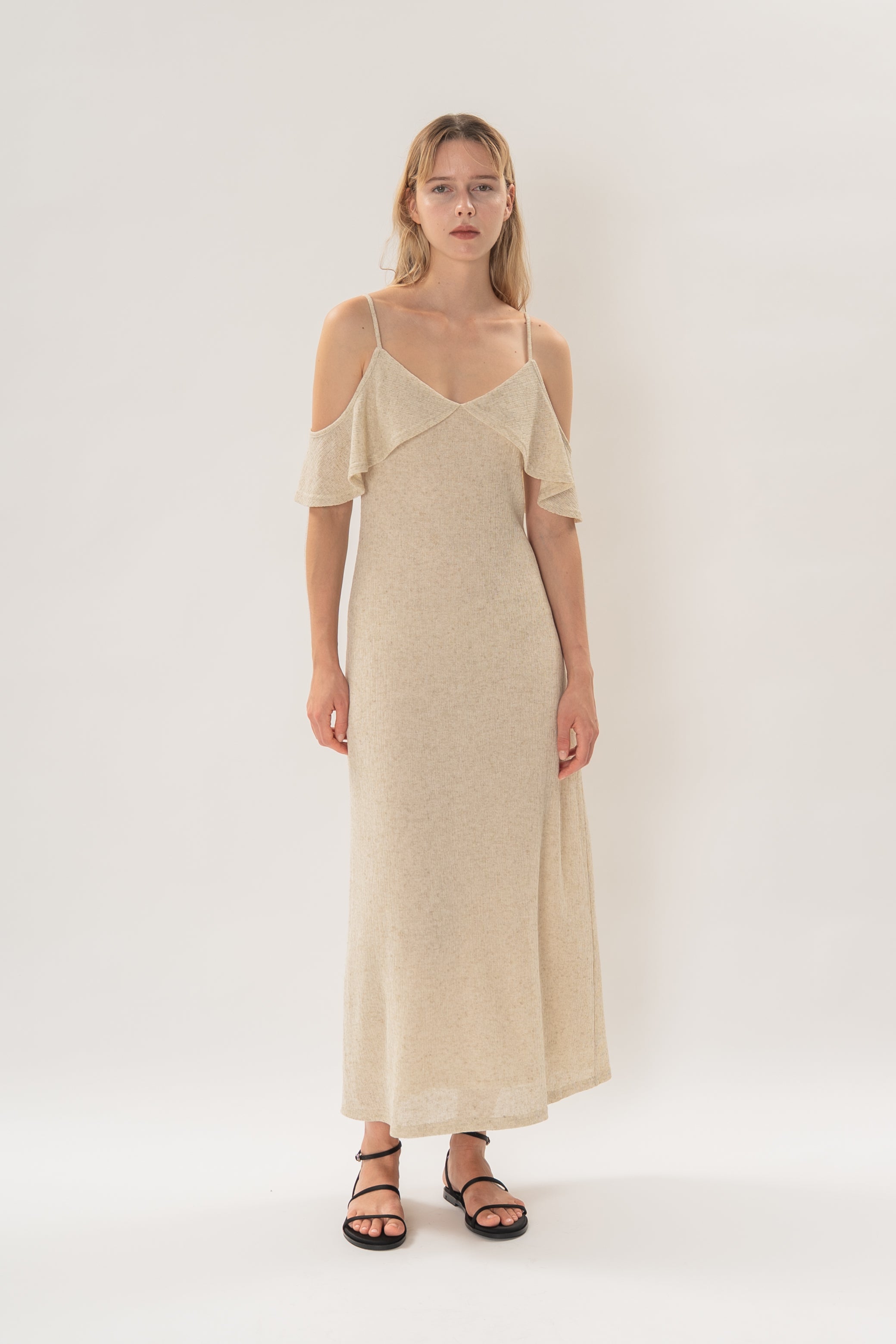Open Shoulder Cami Knitted Maxi Dress in Hay