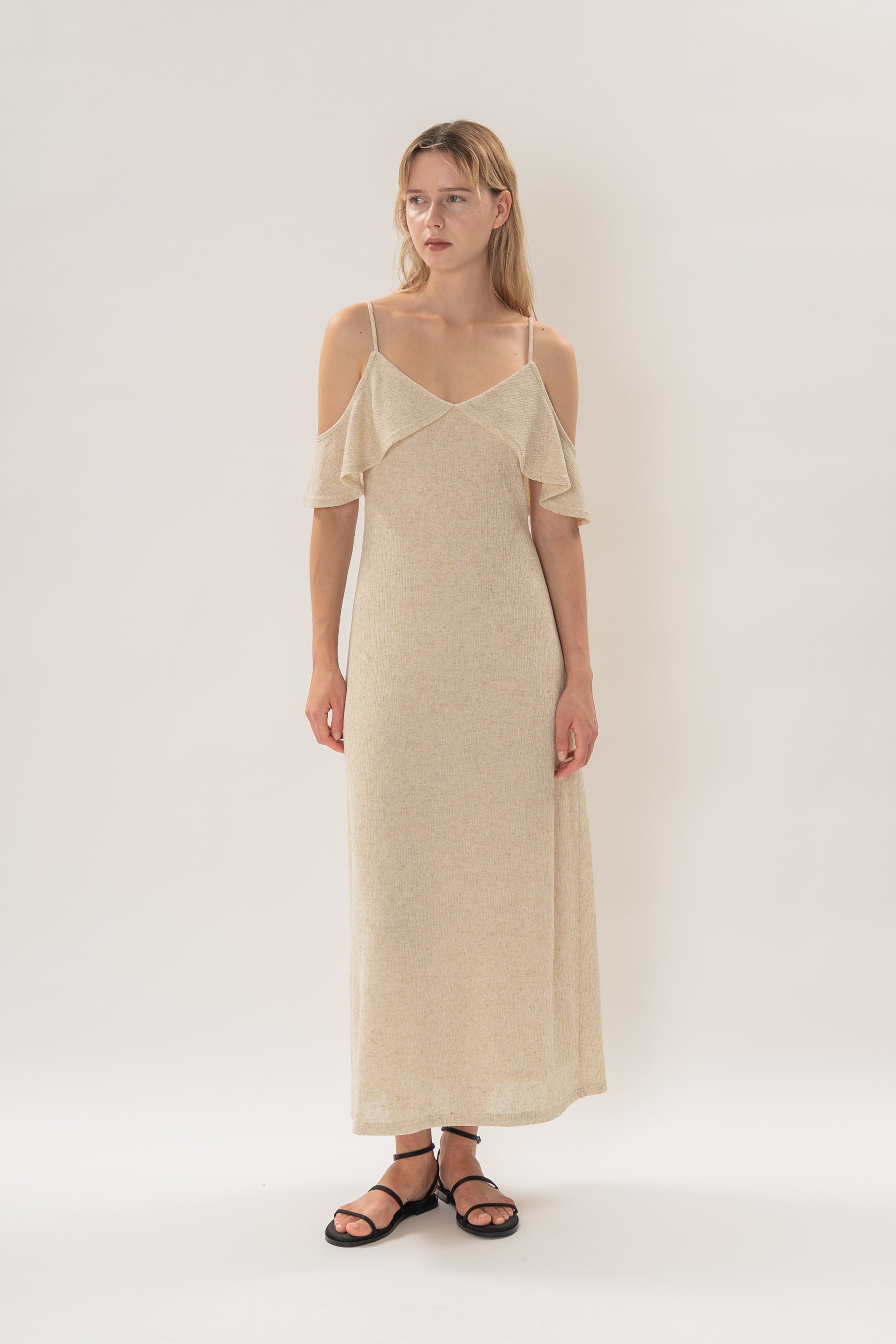 Open Shoulder Cami Knitted Maxi Dress in Hay