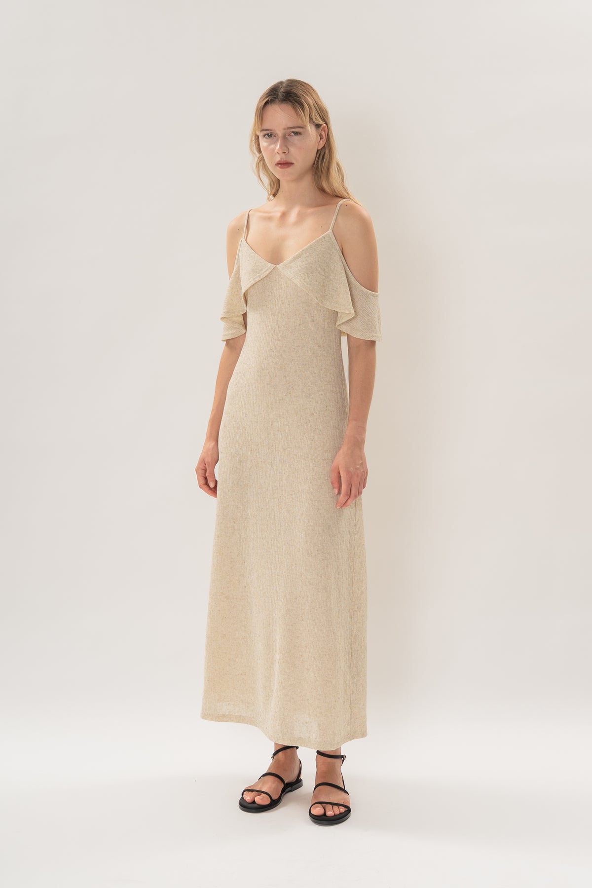 Open Shoulder Cami Knitted Maxi Dress in Hay