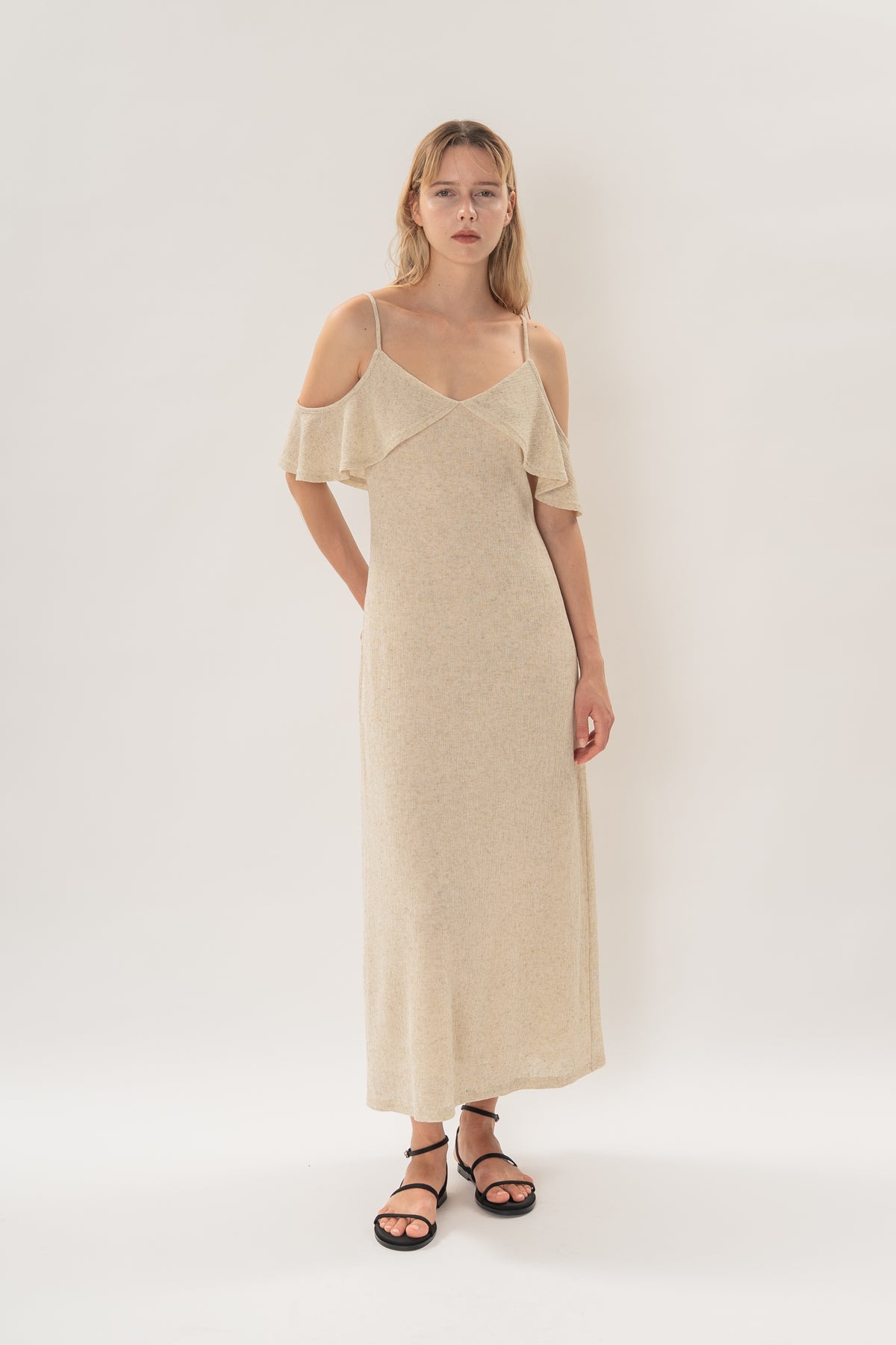 Open Shoulder Cami Knitted Maxi Dress in Hay