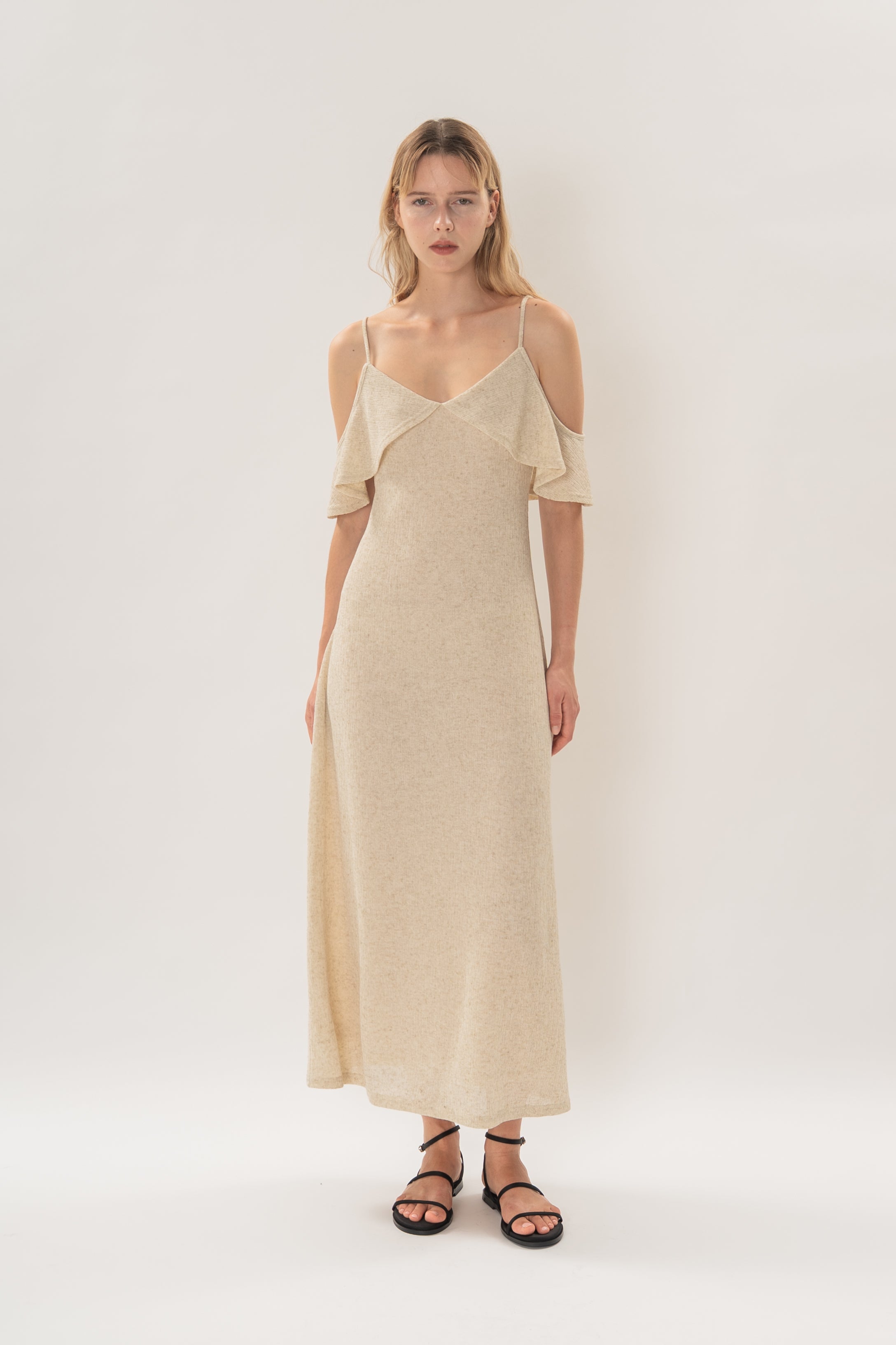 Open Shoulder Cami Knitted Maxi Dress in Hay