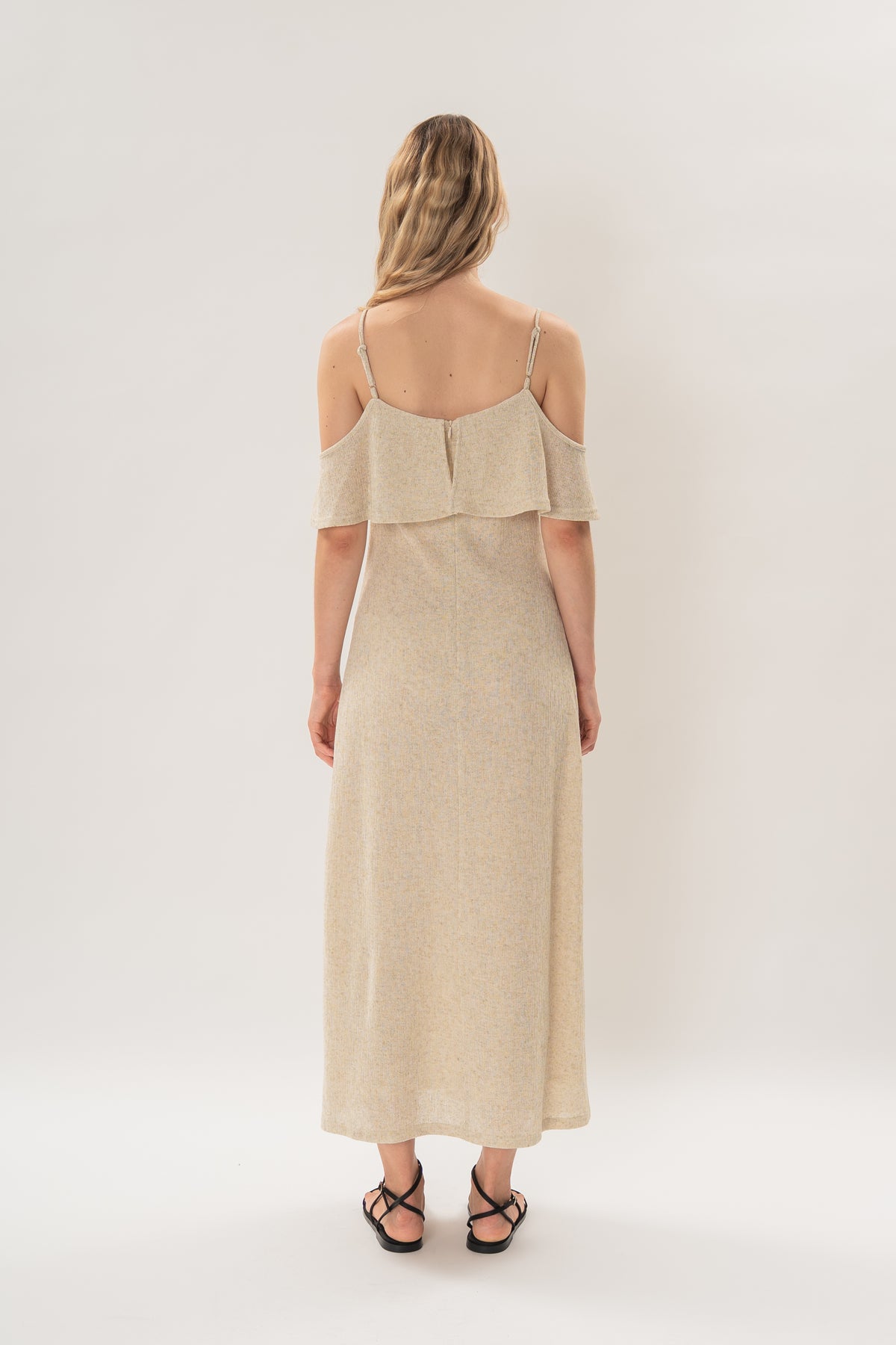 Open Shoulder Cami Knitted Maxi Dress in Hay