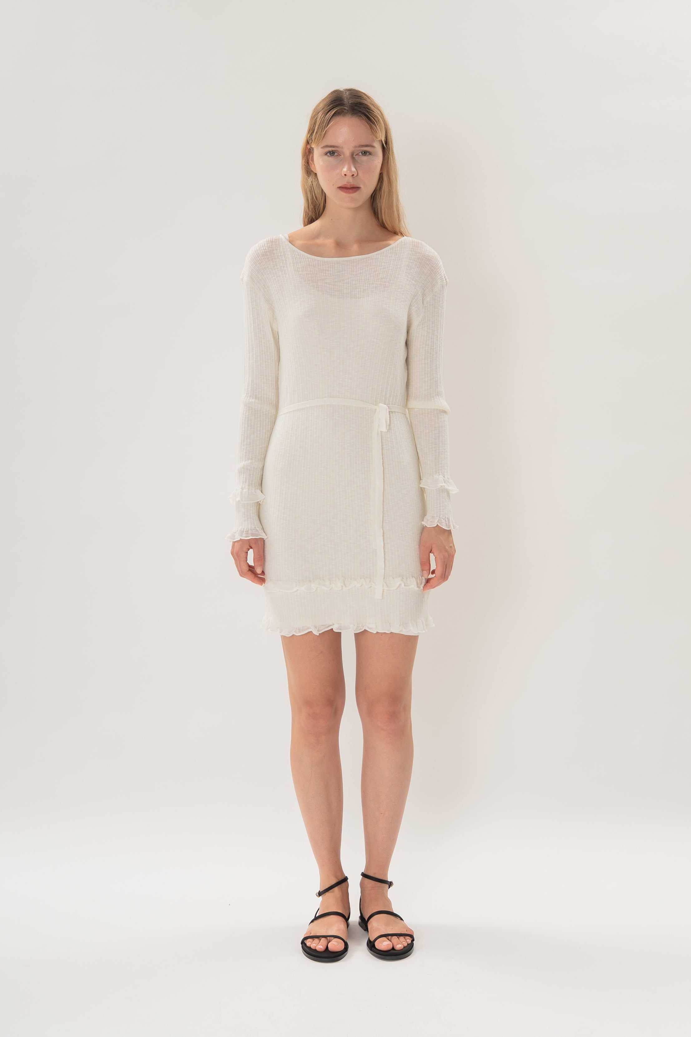 Textured Knit Frill Hem Mini Dress in White