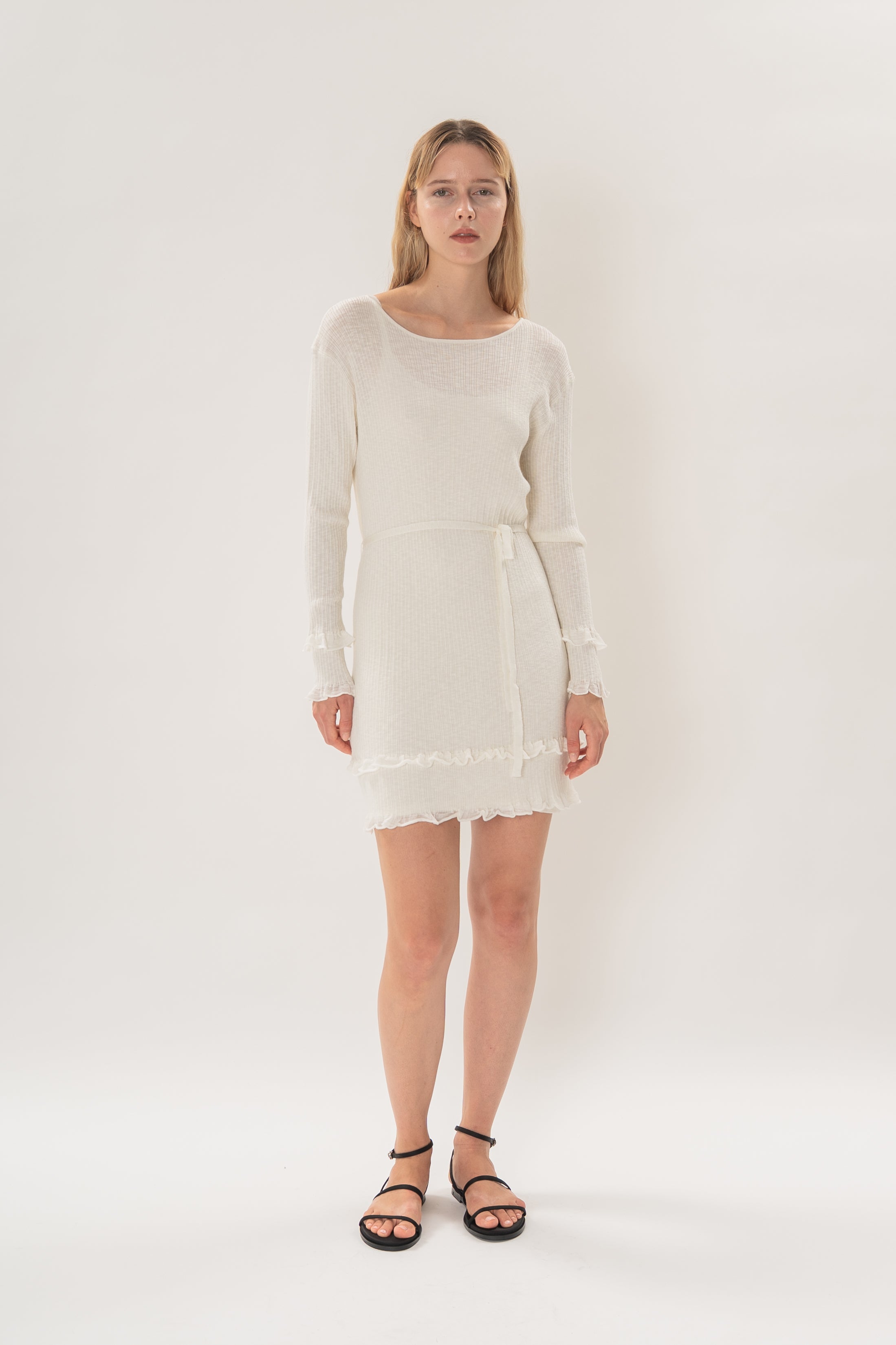 Textured Knit Frill Hem Mini Dress in White