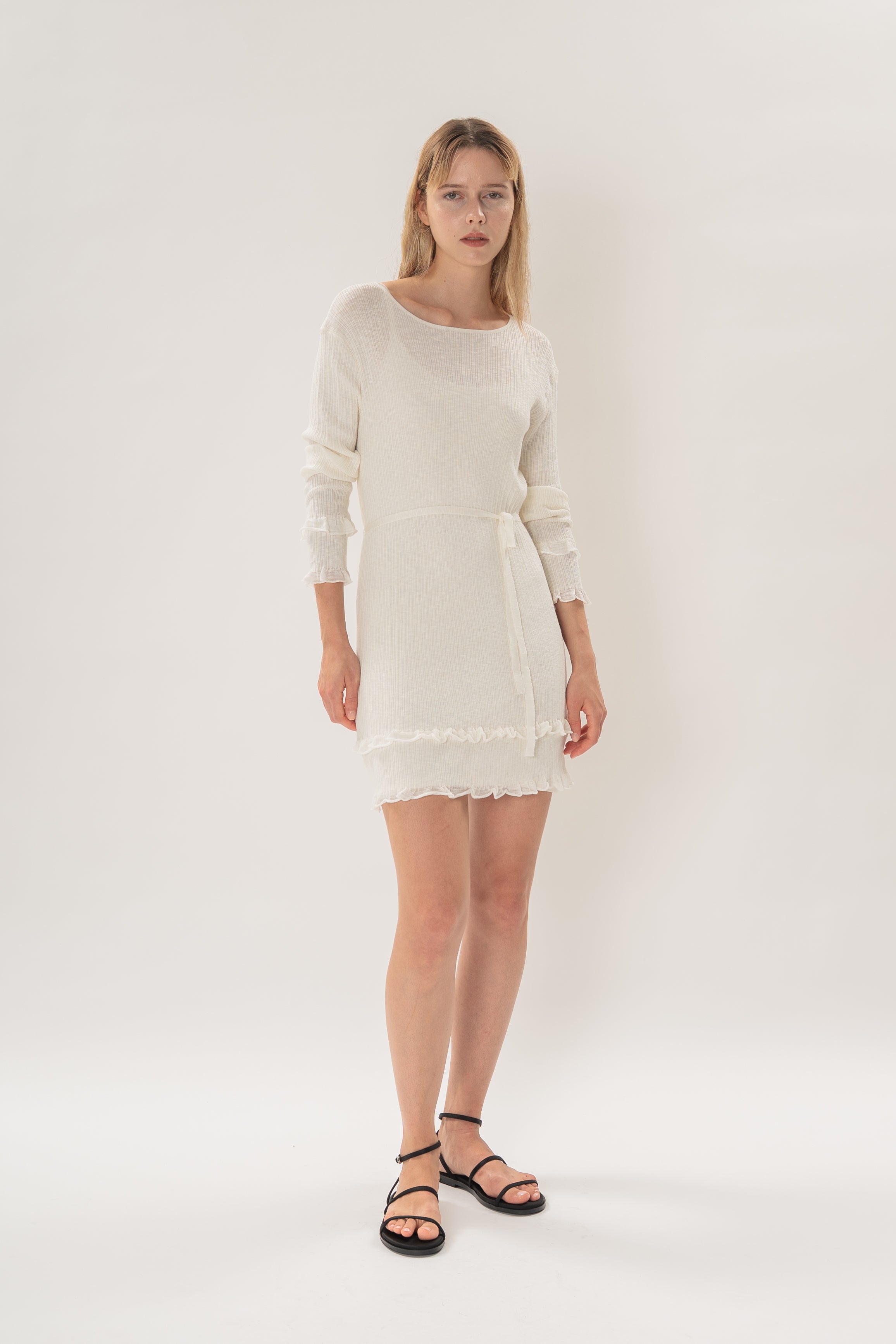 Textured Knit Frill Hem Mini Dress in White