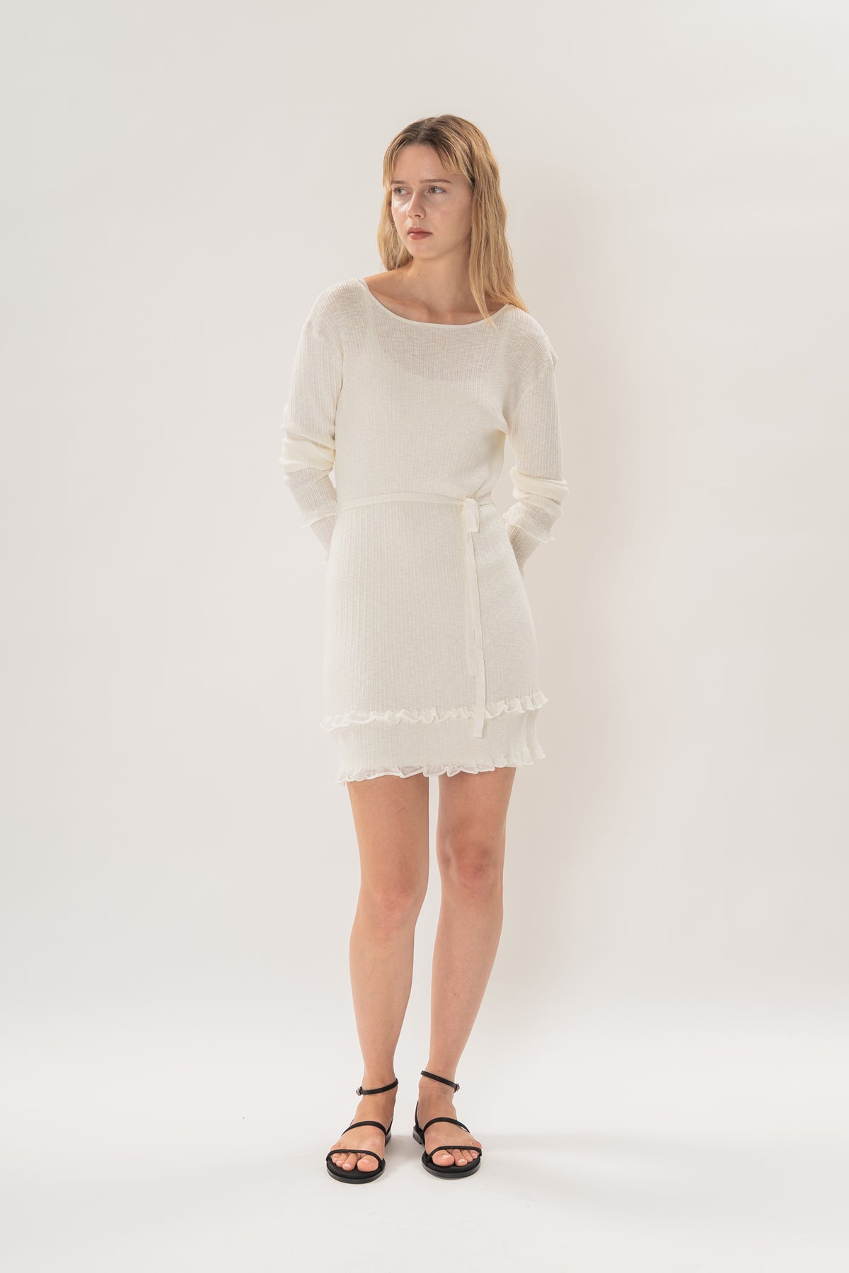 Textured Knit Frill Hem Mini Dress in White