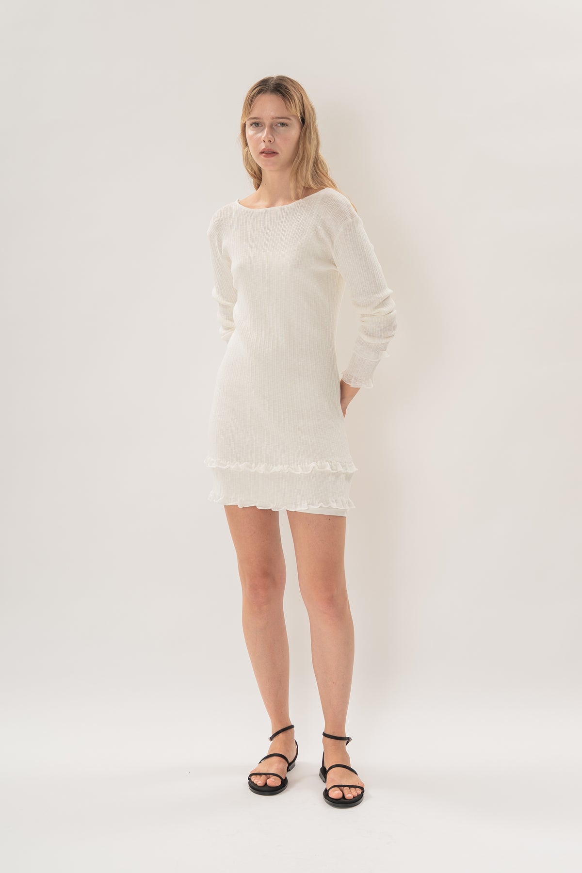 Textured Knit Frill Hem Mini Dress in White