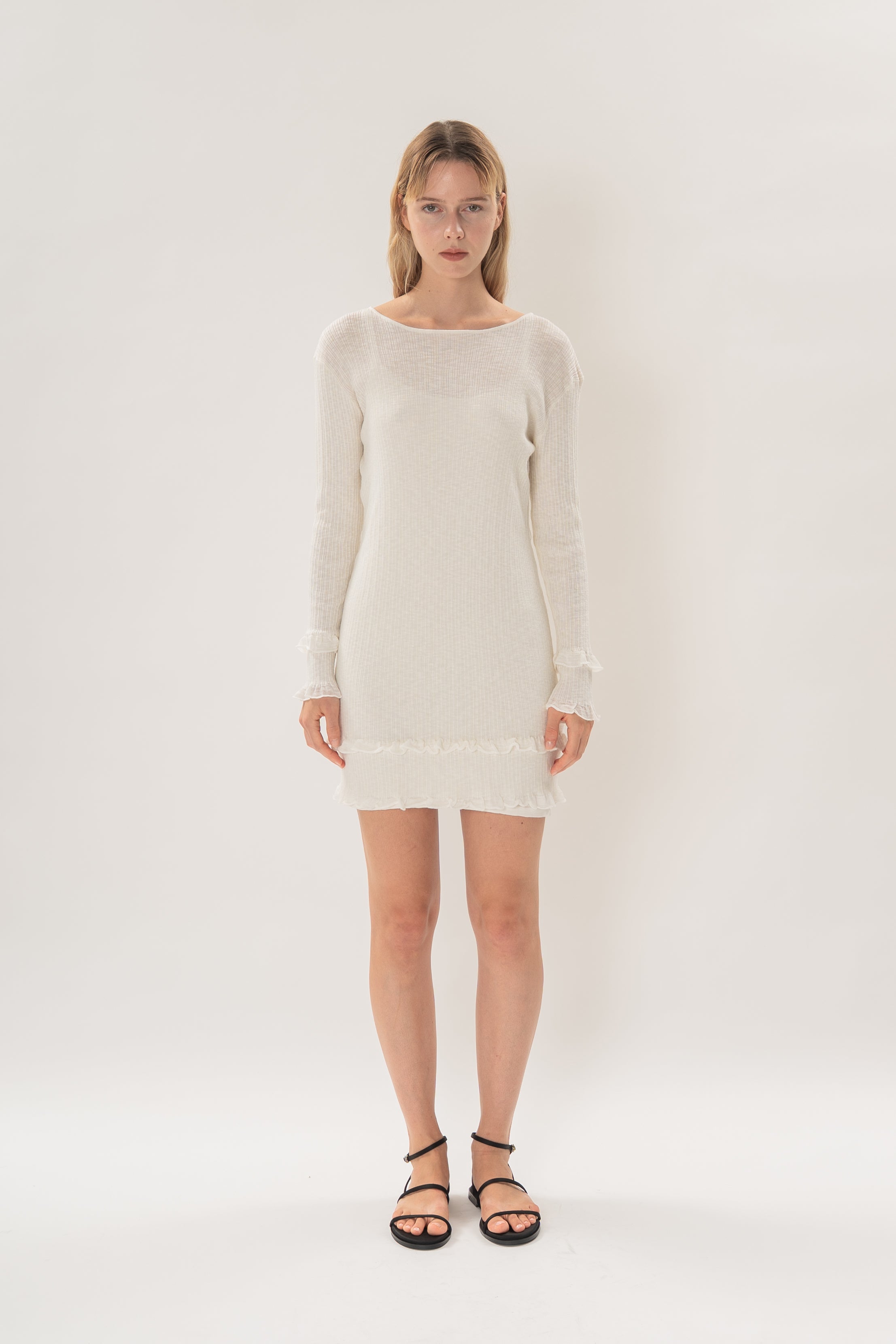 Textured Knit Frill Hem Mini Dress in White