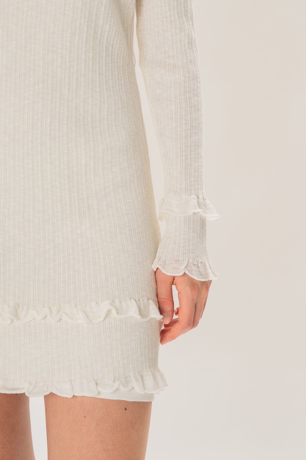 Textured Knit Frill Hem Mini Dress in White