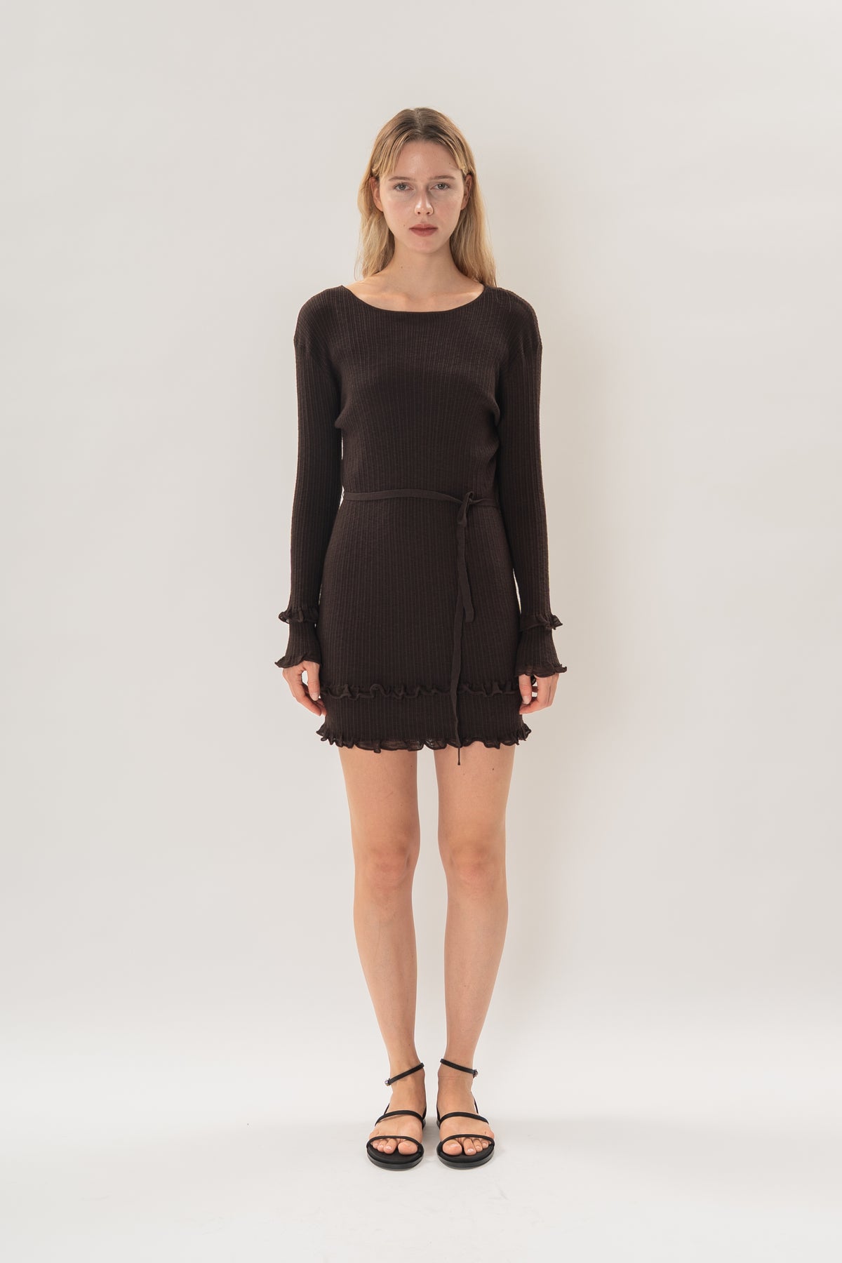 Textured Knit Frill Hem Mini Dress in Umber