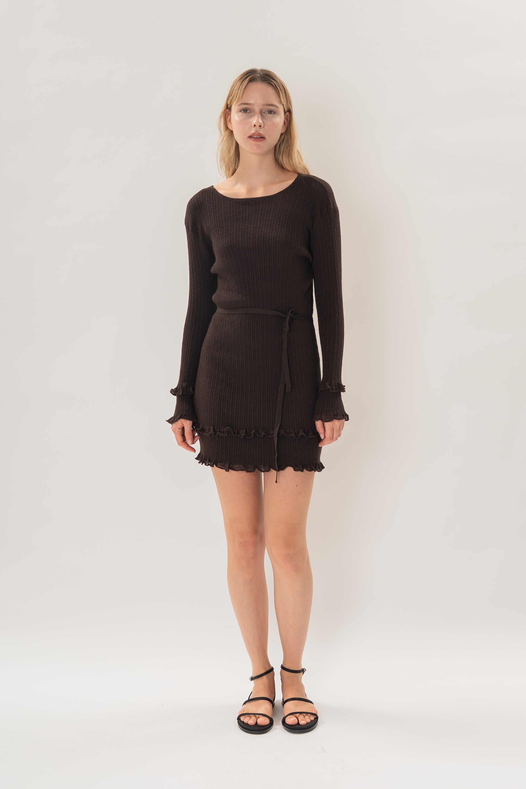 Textured Knit Frill Hem Mini Dress in Umber