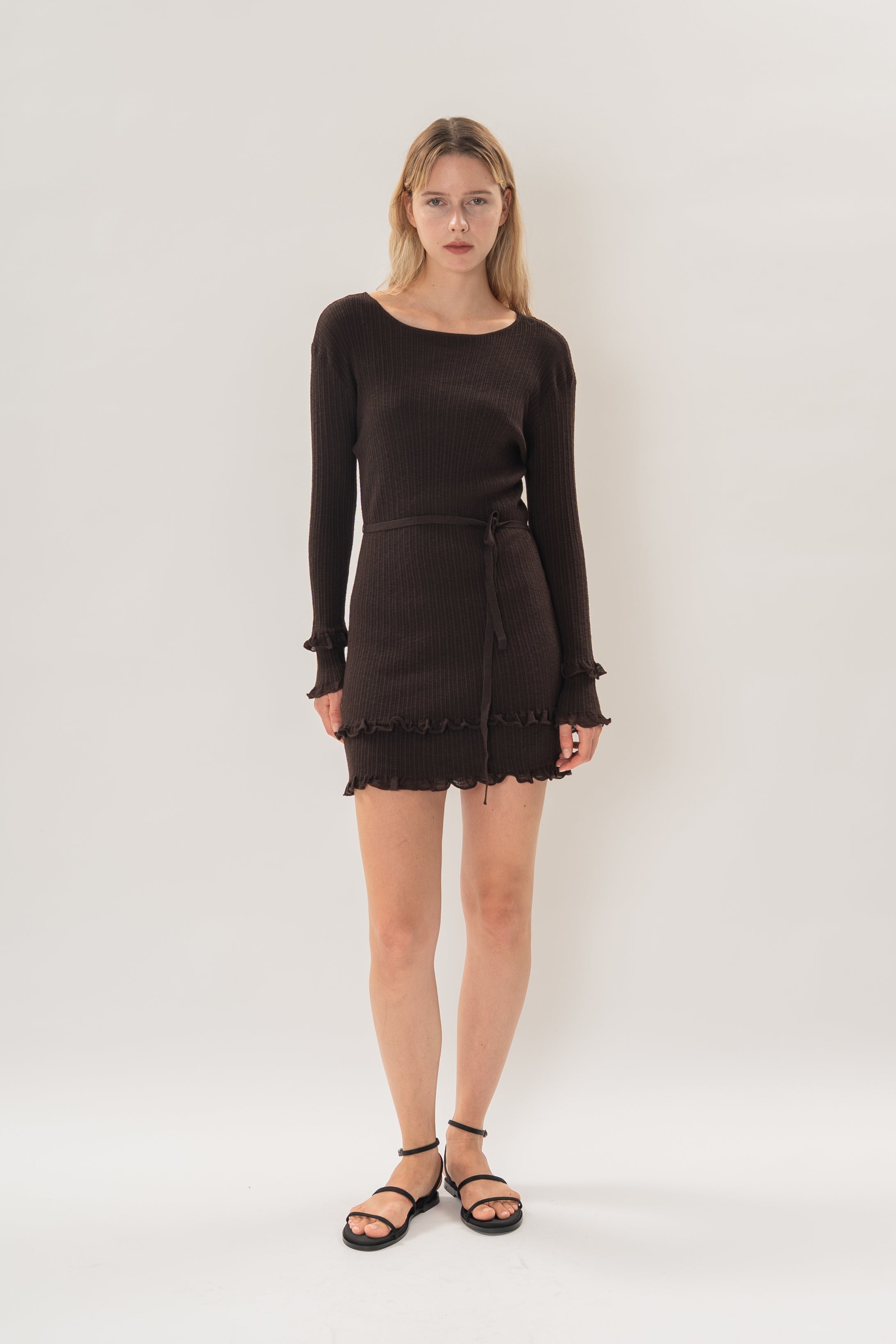 Textured Knit Frill Hem Mini Dress in Umber