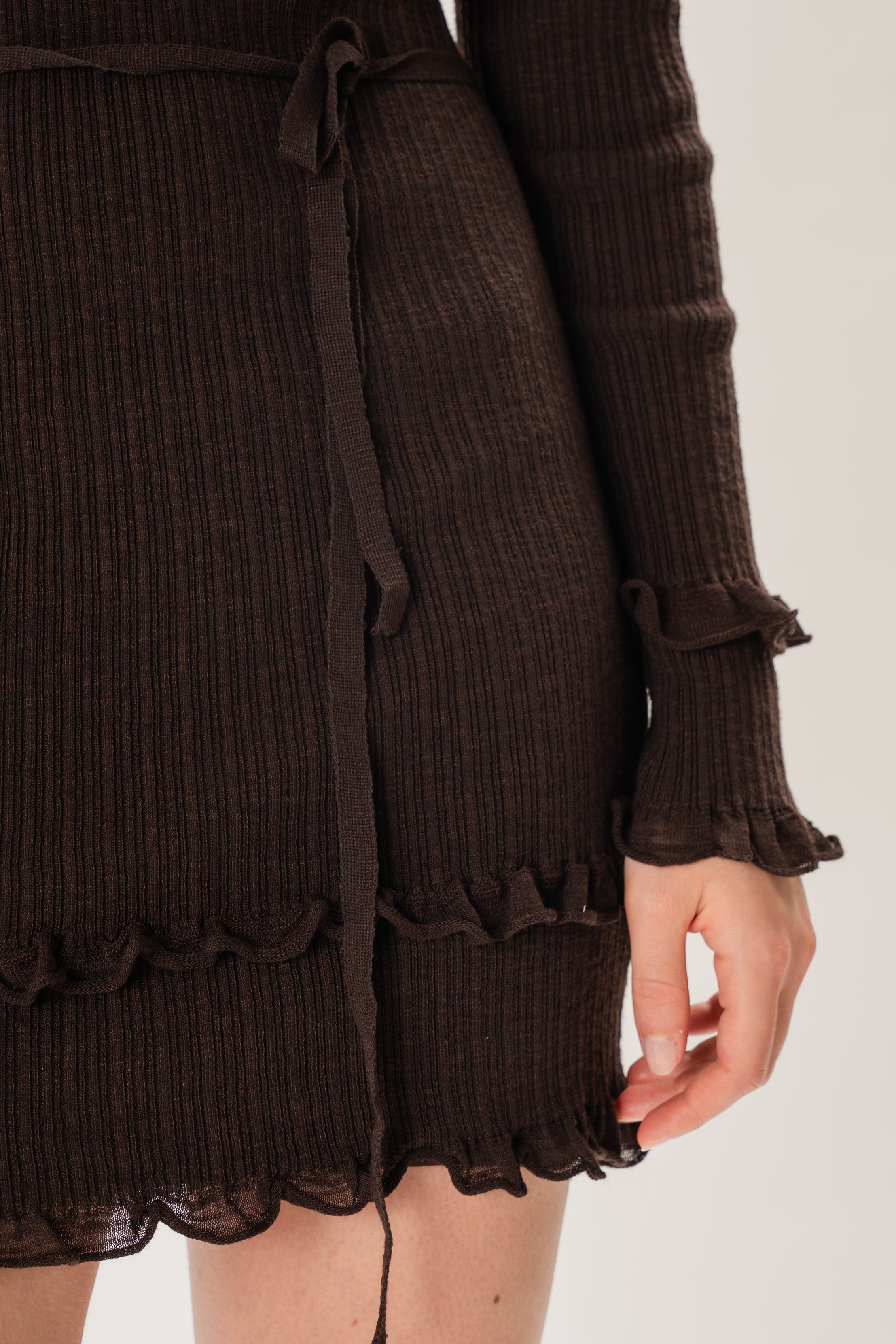 Textured Knit Frill Hem Mini Dress in Umber