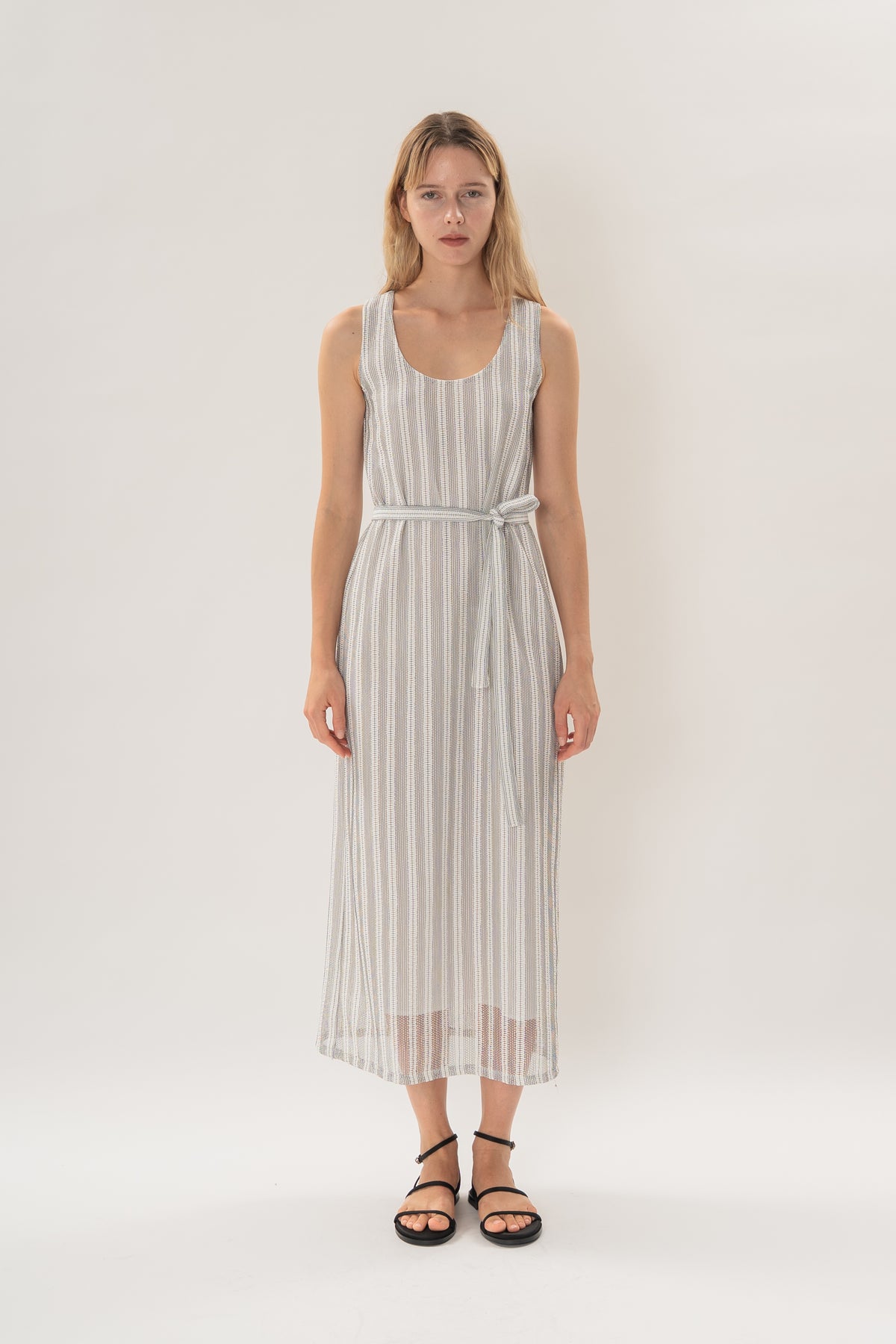 Scoop Neck Column Maxi Dress in Embroidered Stripe