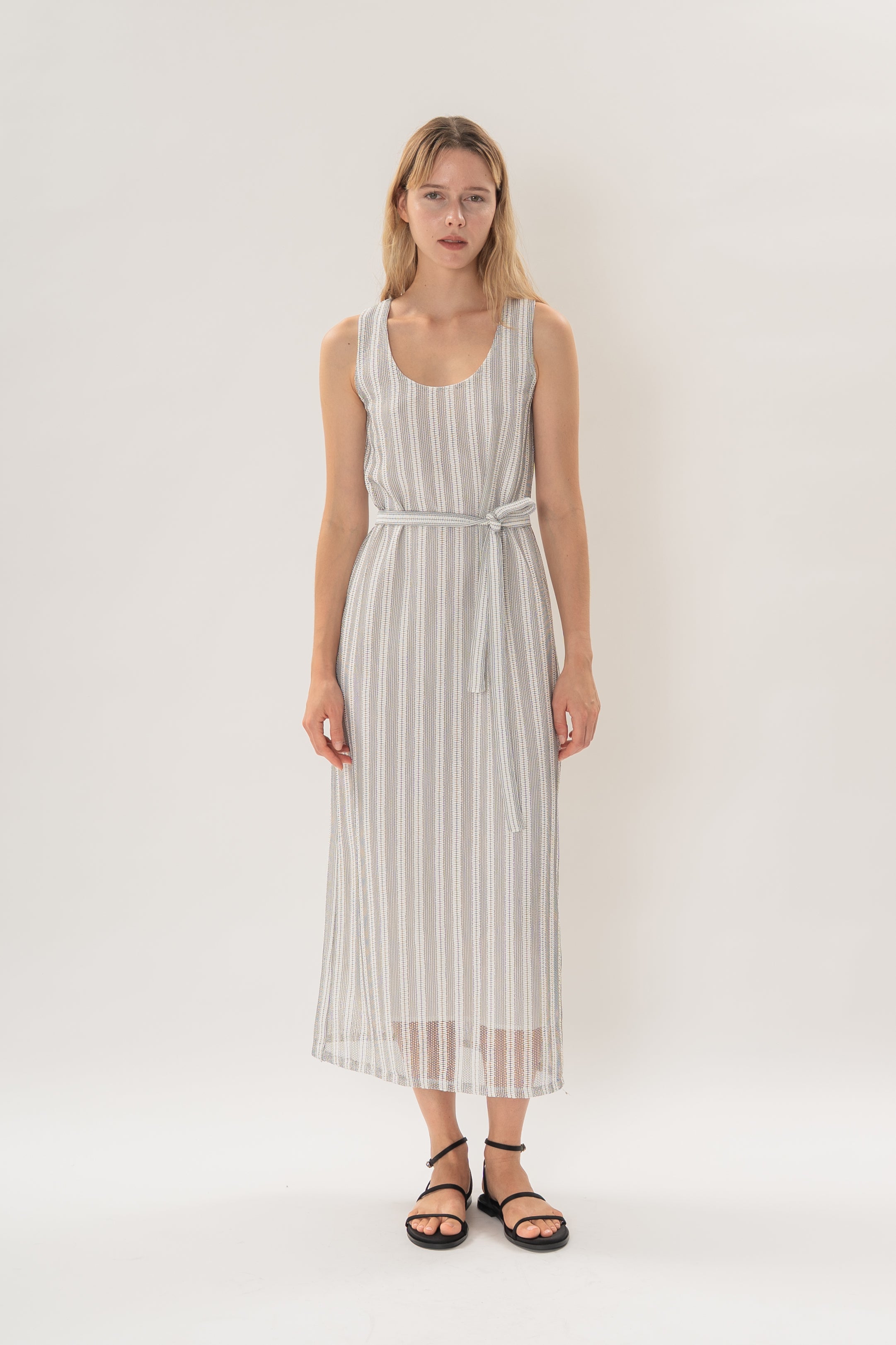 Scoop Neck Column Maxi Dress in Embroidered Stripe