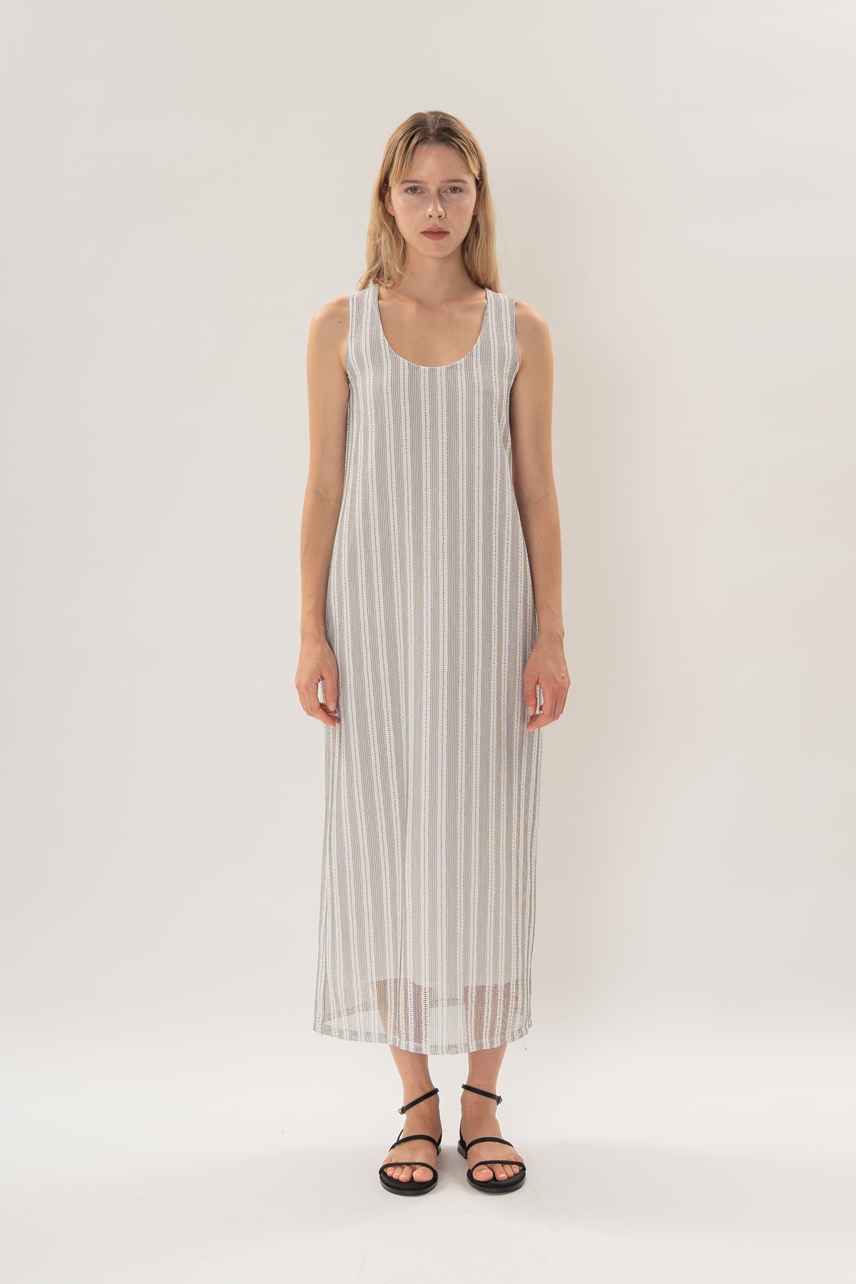 Scoop Neck Column Maxi Dress in Embroidered Stripe