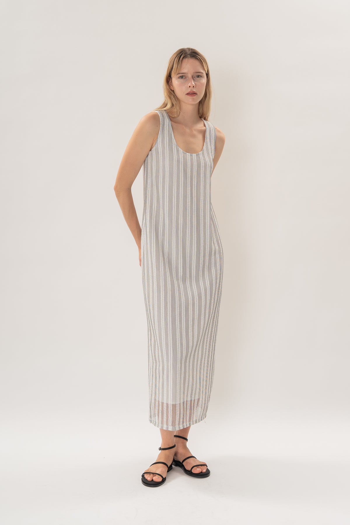 Scoop Neck Column Maxi Dress in Embroidered Stripe