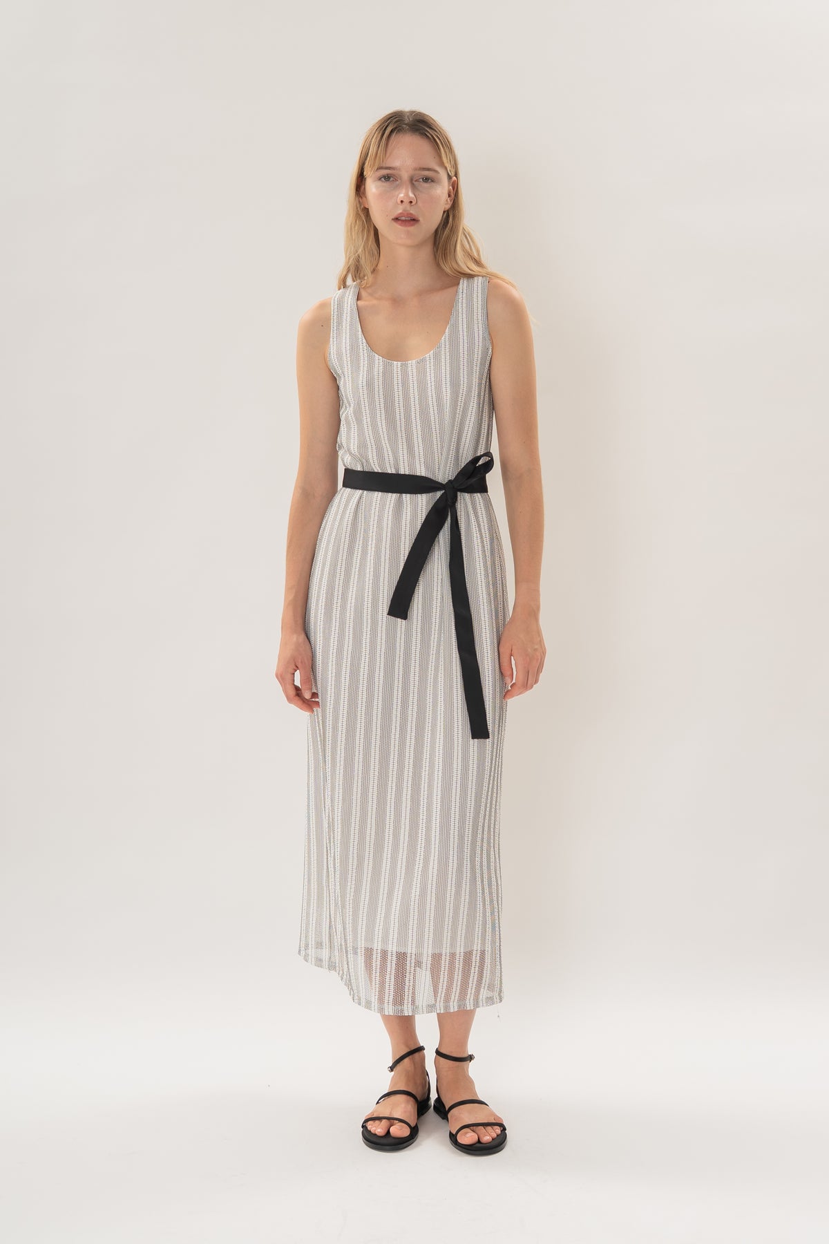 Scoop Neck Column Maxi Dress in Embroidered Stripe