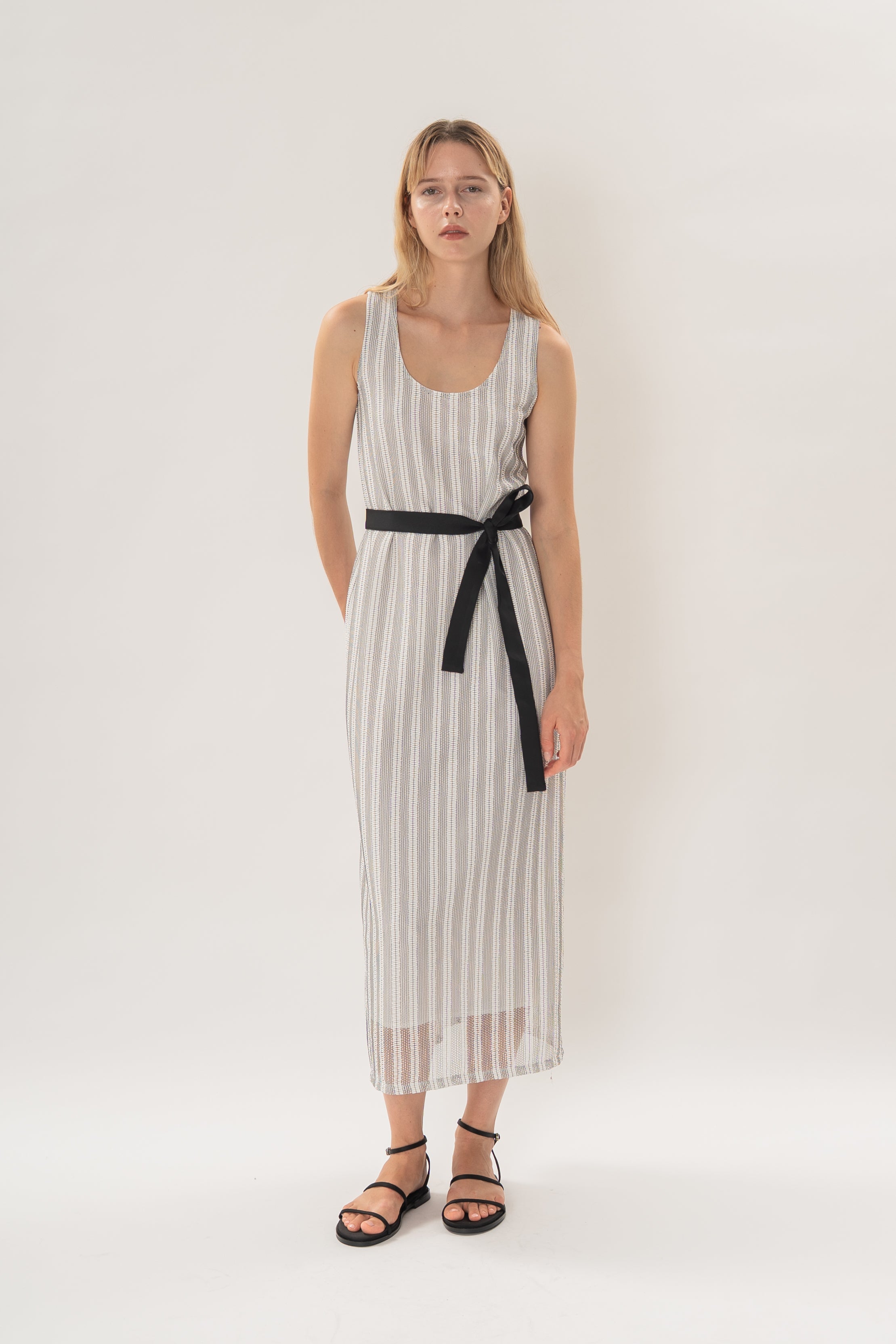 Scoop Neck Column Maxi Dress in Embroidered Stripe