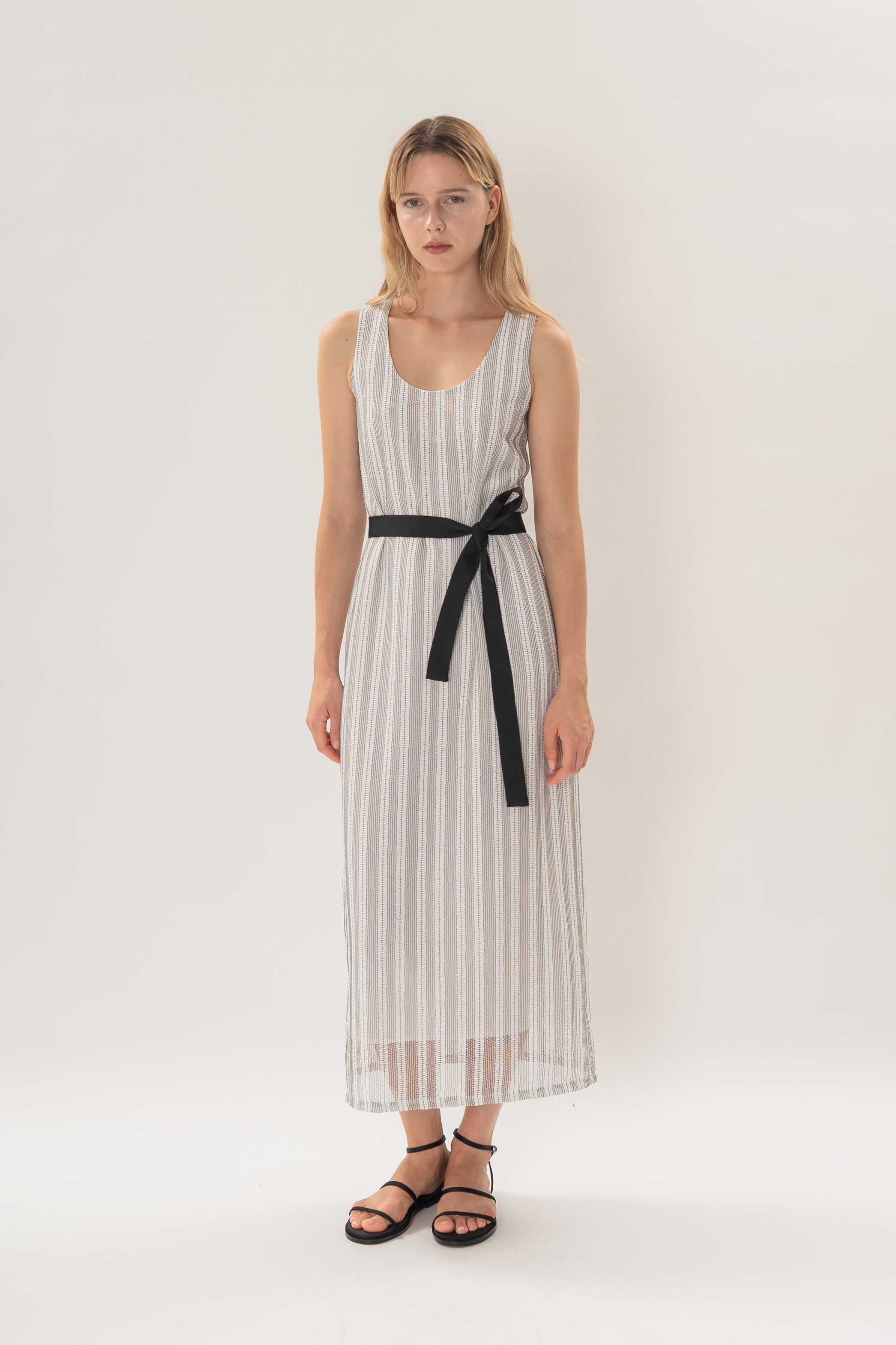 Scoop Neck Column Maxi Dress in Embroidered Stripe