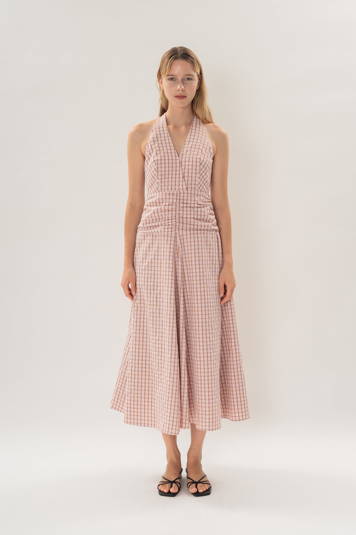 Halter Shirred Maxi Dress in Rosewood Gingham