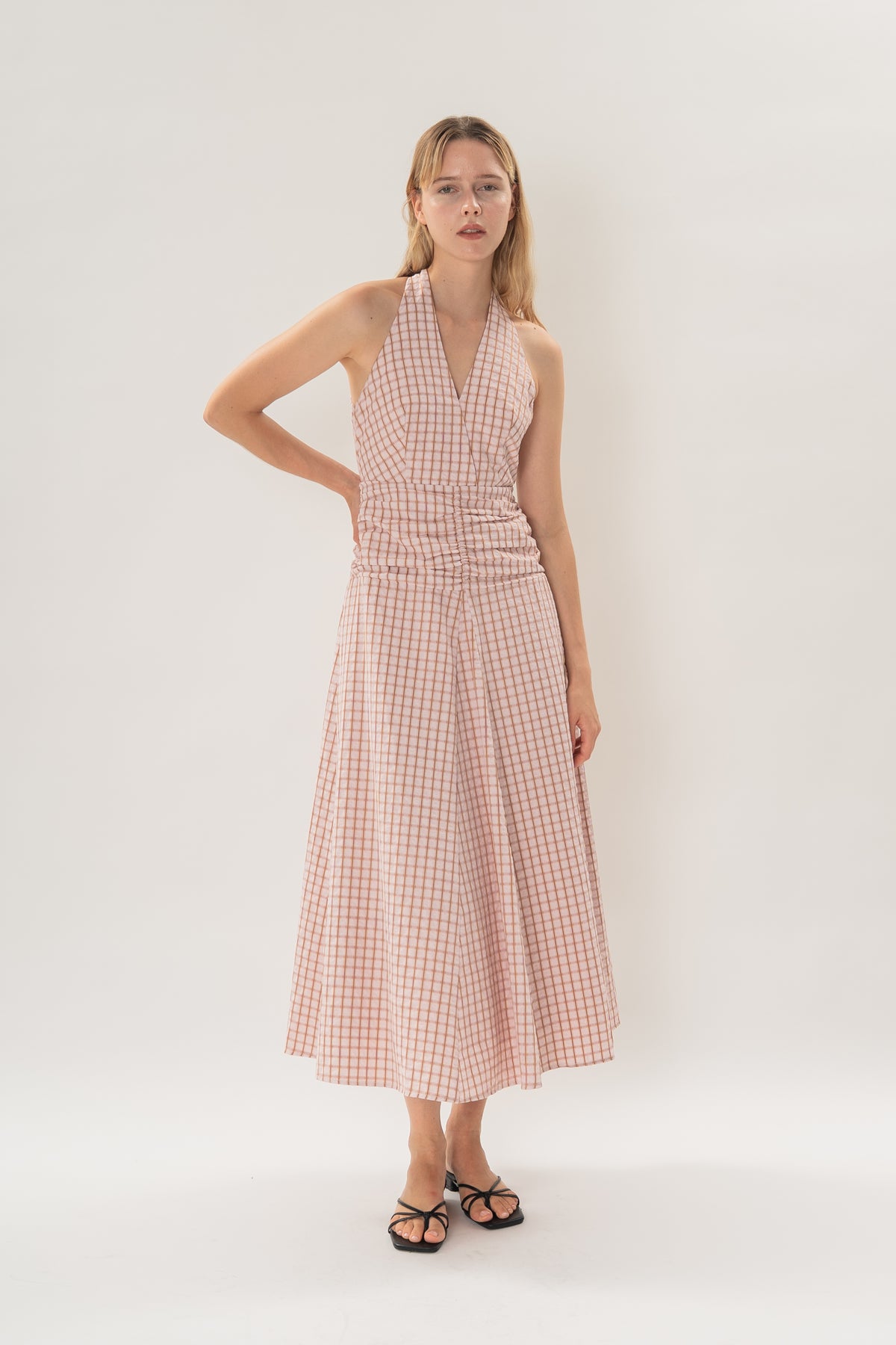 Halter Shirred Maxi Dress in Rosewood Gingham