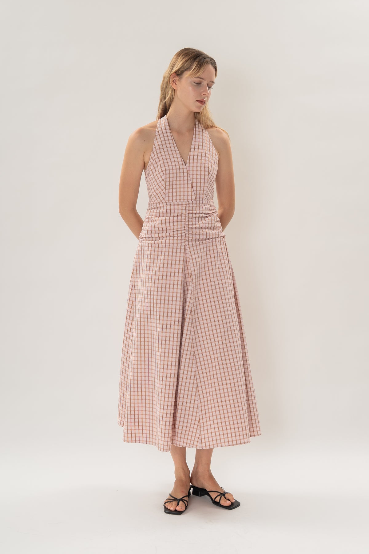 Halter Shirred Maxi Dress in Rosewood Gingham