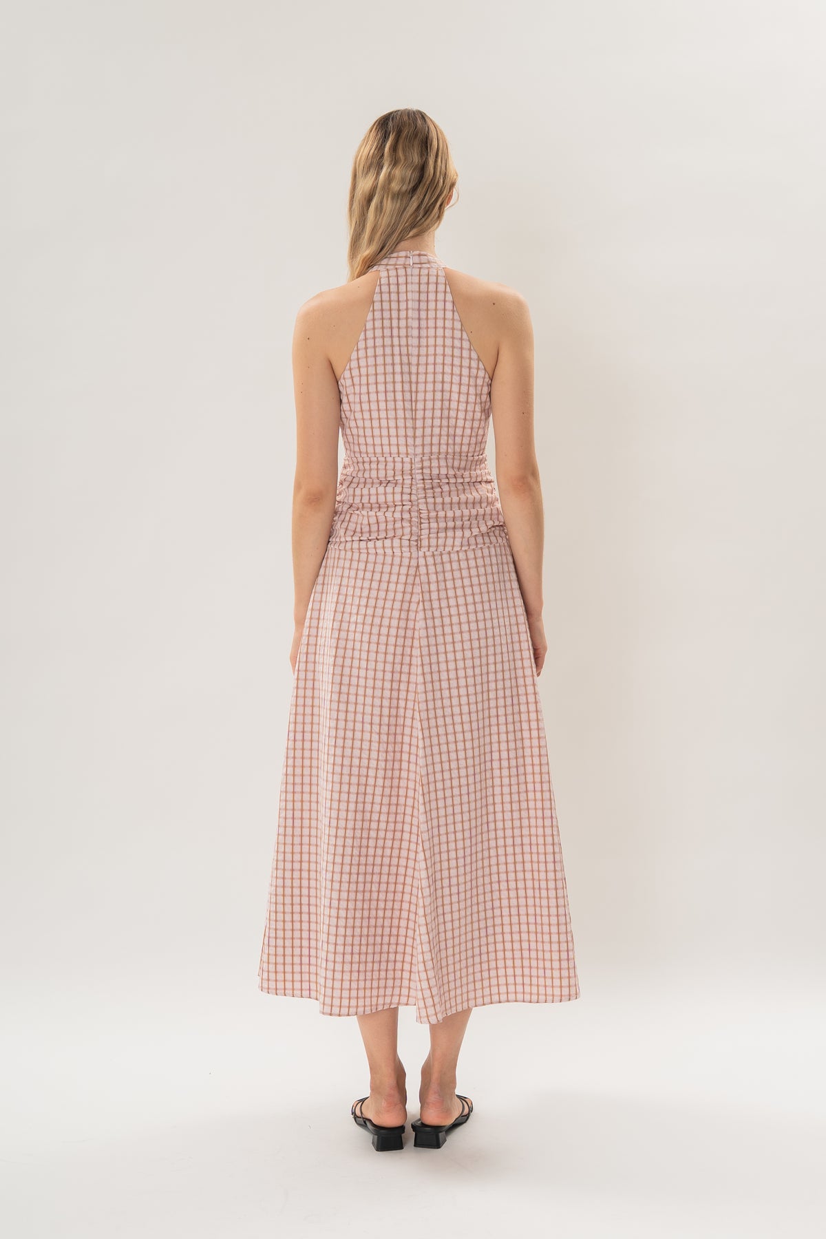 Halter Shirred Maxi Dress in Rosewood Gingham