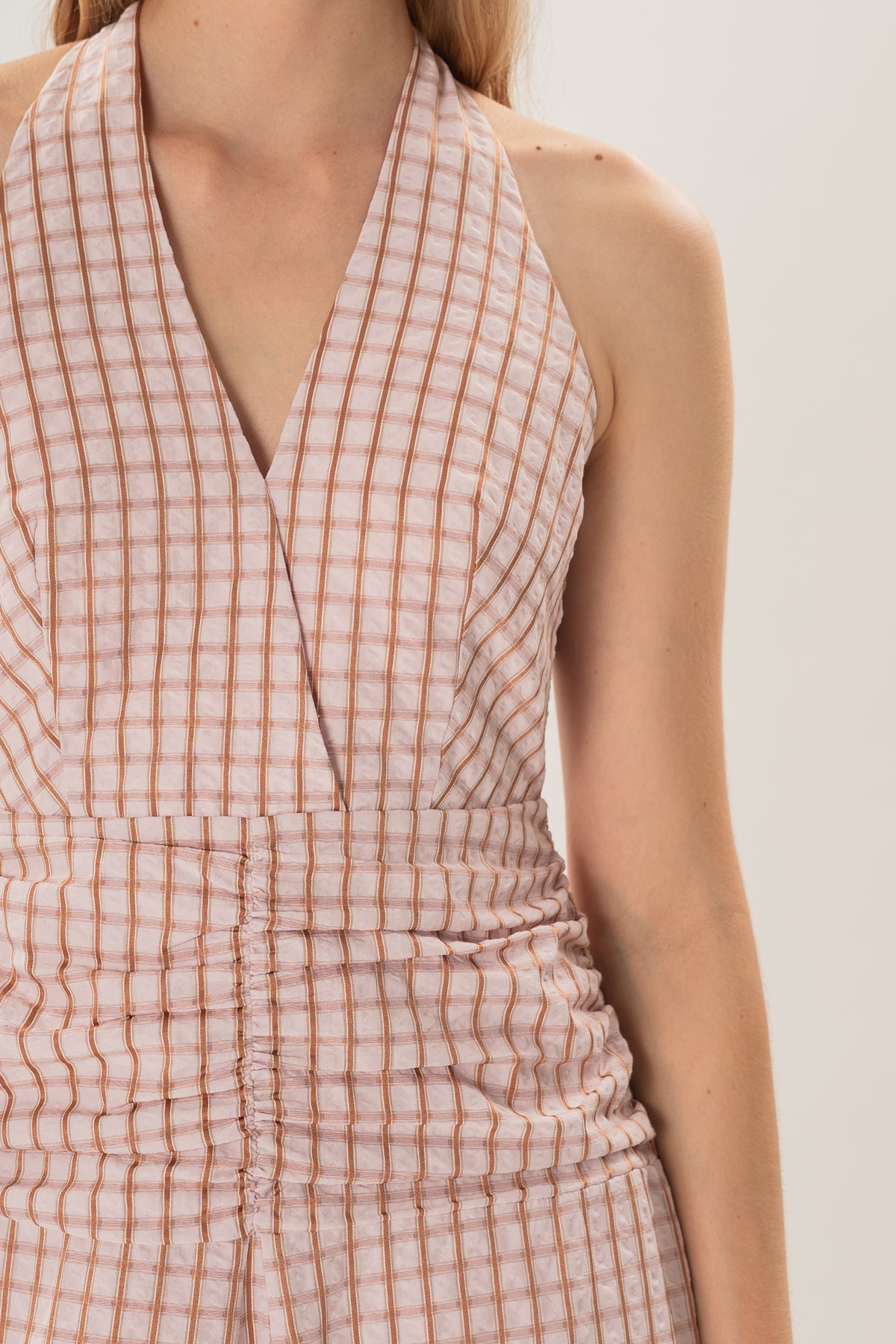 Halter Shirred Maxi Dress in Rosewood Gingham