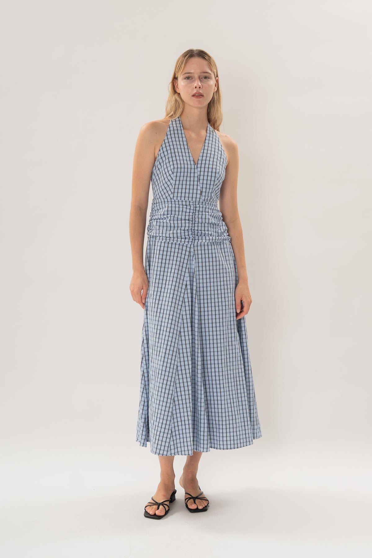 Halter Shirred Maxi Dress in Ocean Blue Gingham