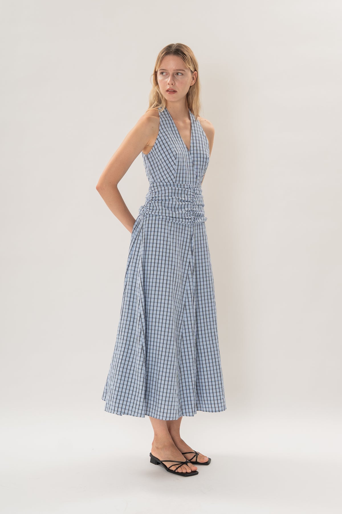 Halter Shirred Maxi Dress in Ocean Blue Gingham