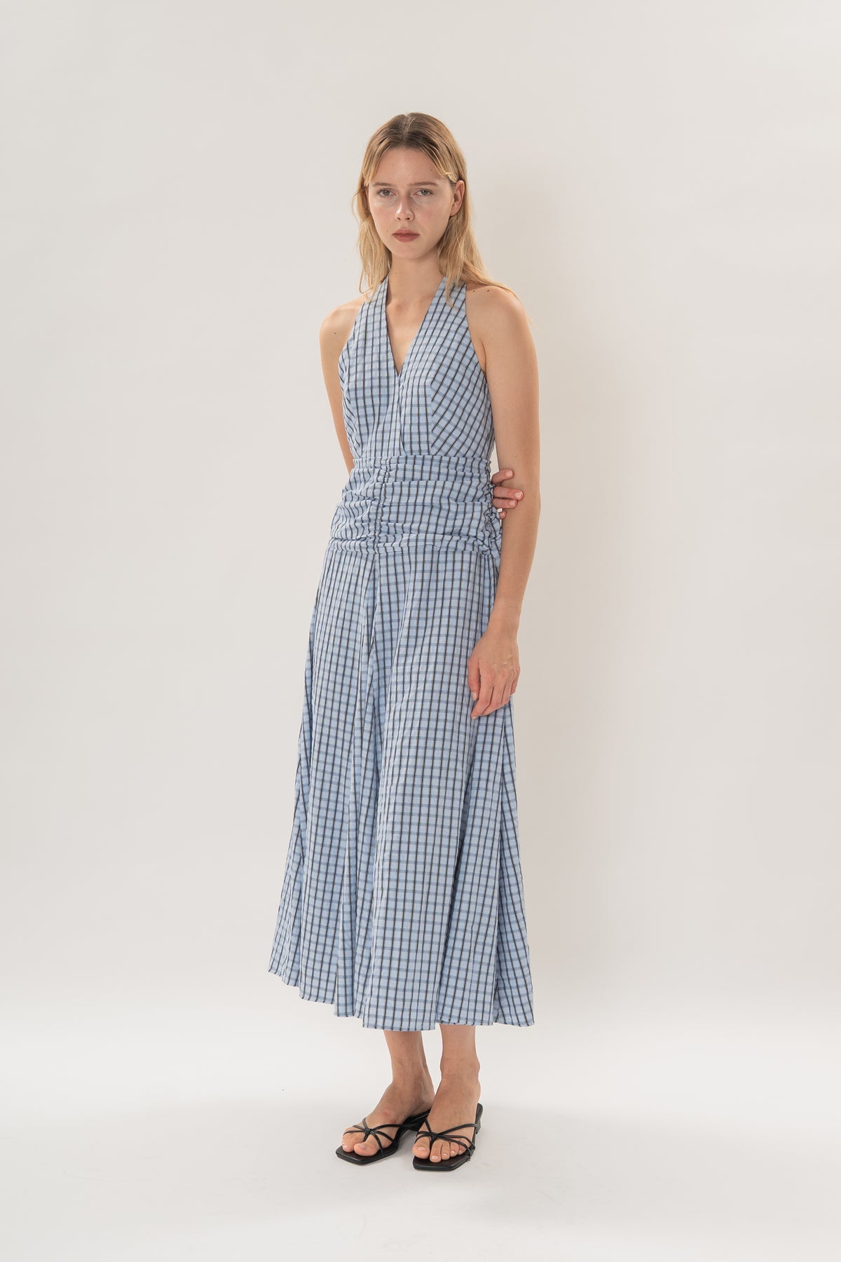 Halter Shirred Maxi Dress in Ocean Blue Gingham
