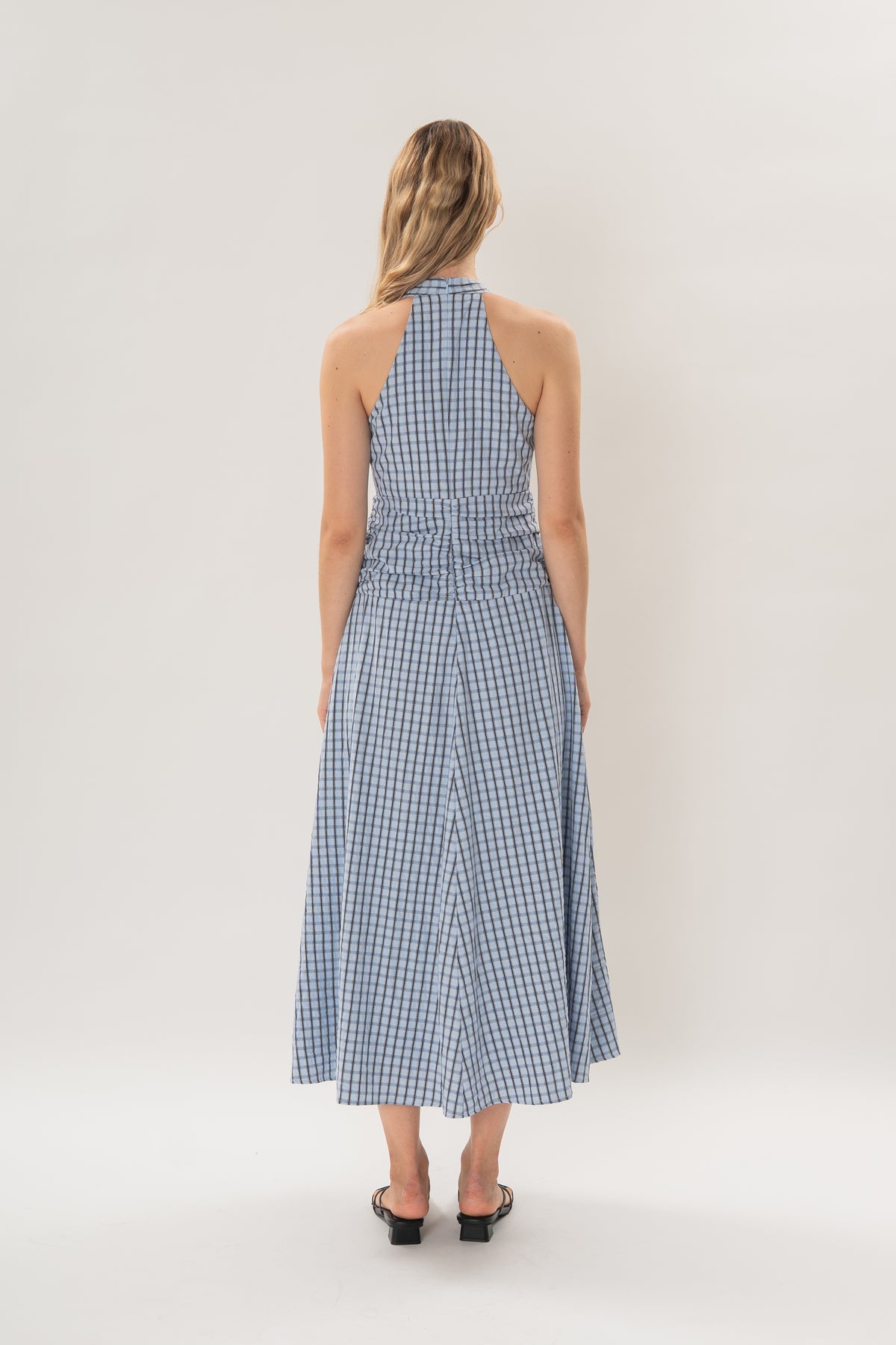 Halter Shirred Maxi Dress in Ocean Blue Gingham