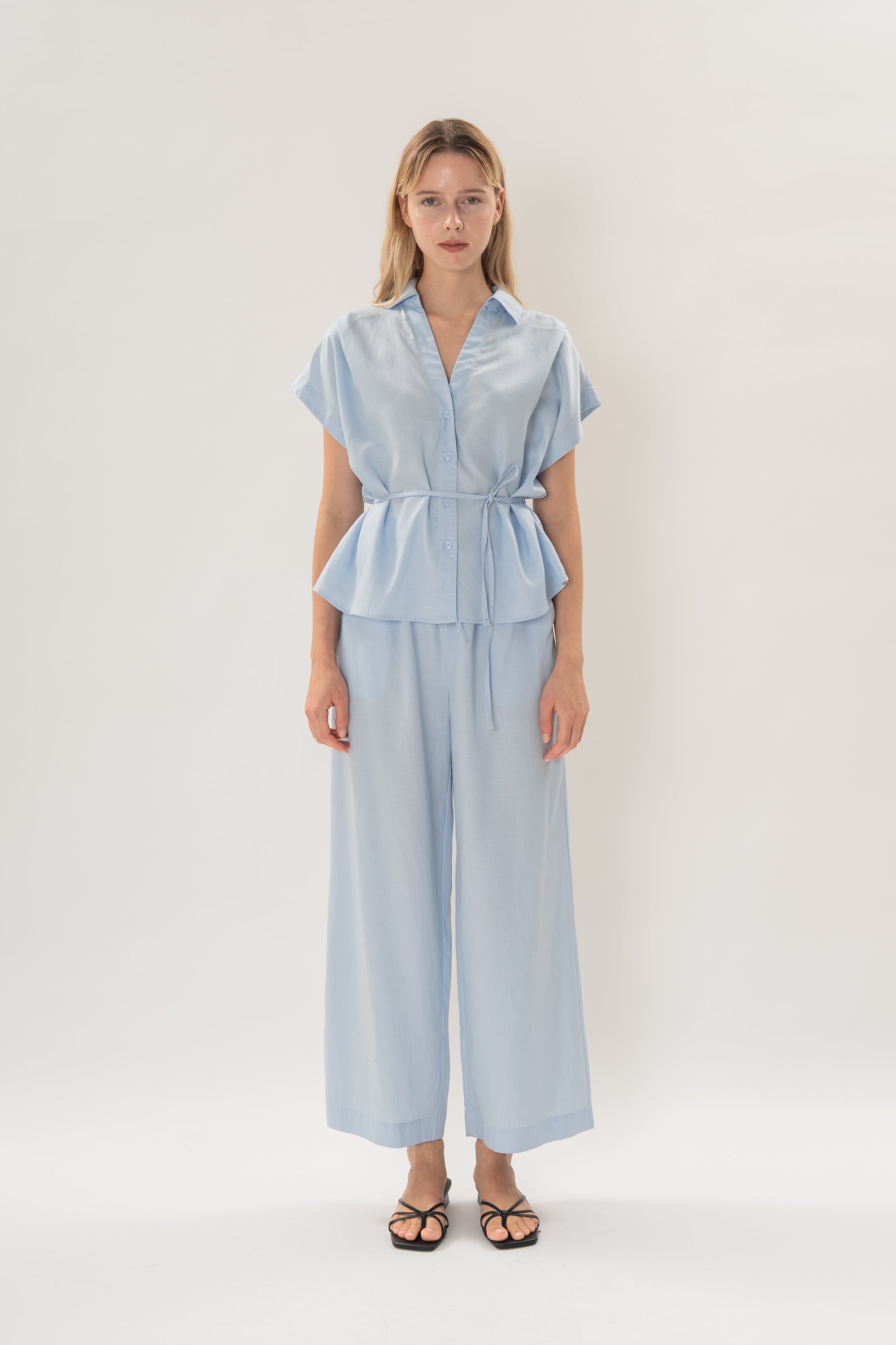 Collared Short Sleeve Waist Tie Top in Mist Blue