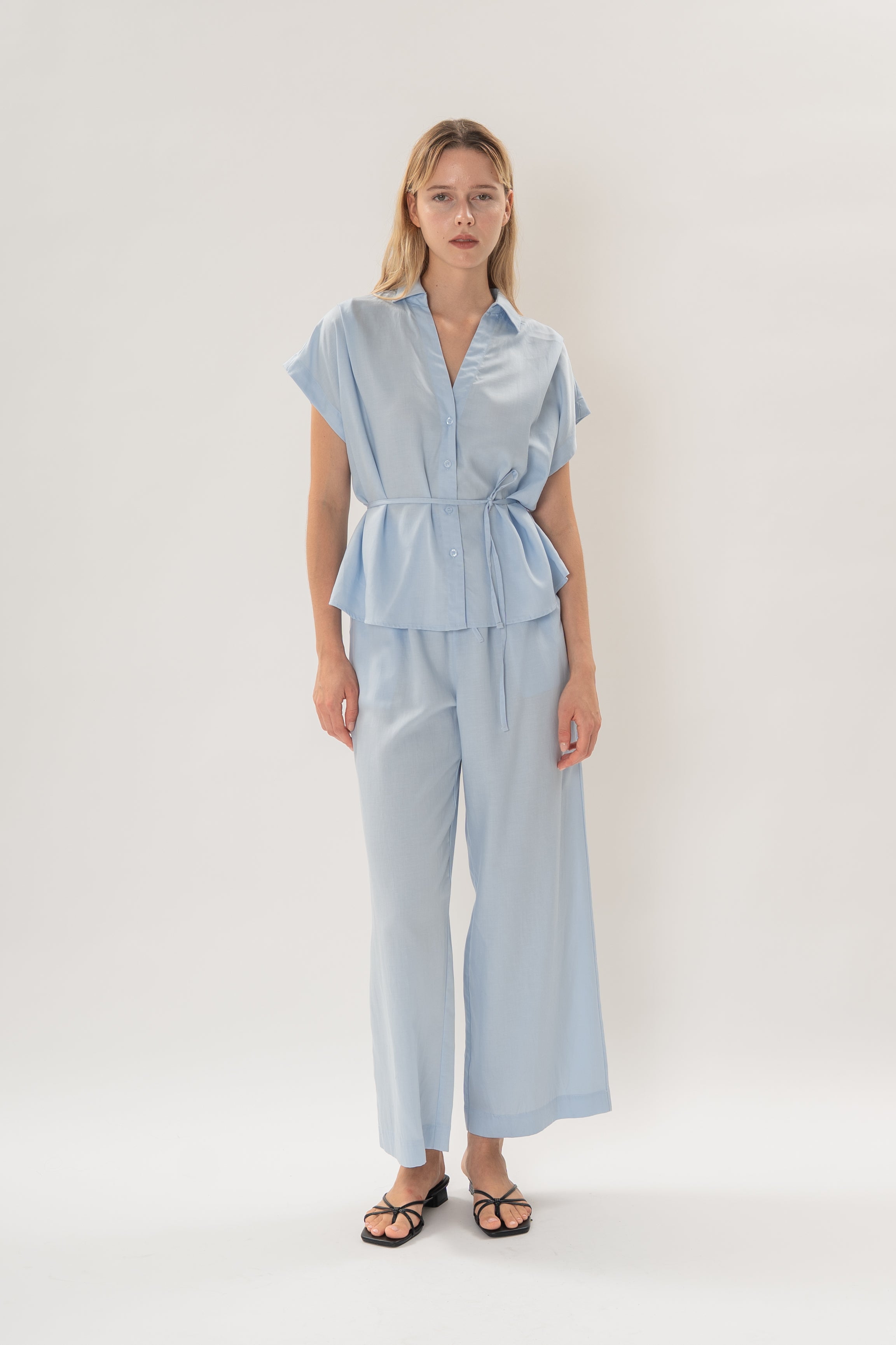 Collared Short Sleeve Waist Tie Top in Mist Blue