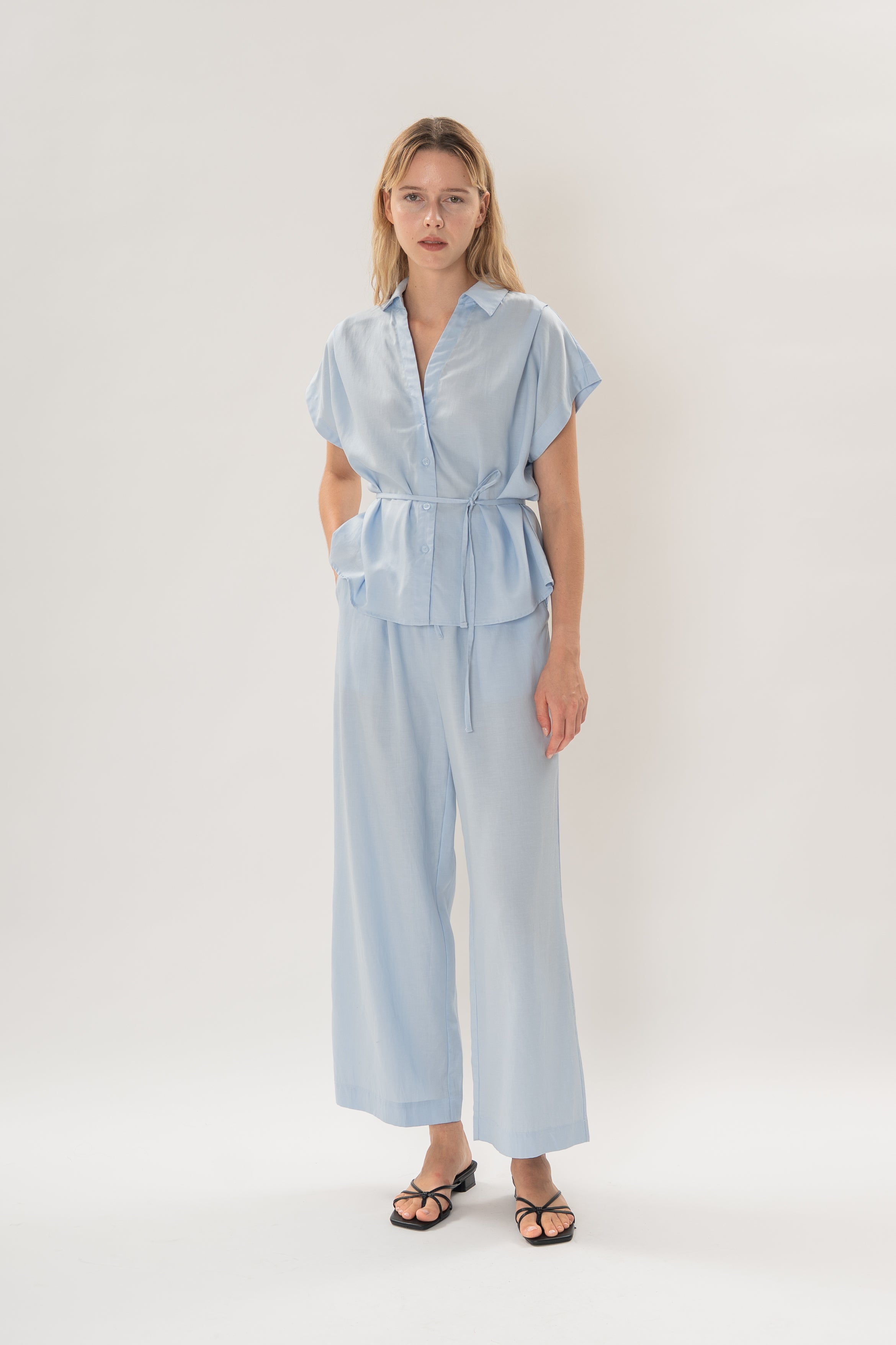 Collared Short Sleeve Waist Tie Top in Mist Blue