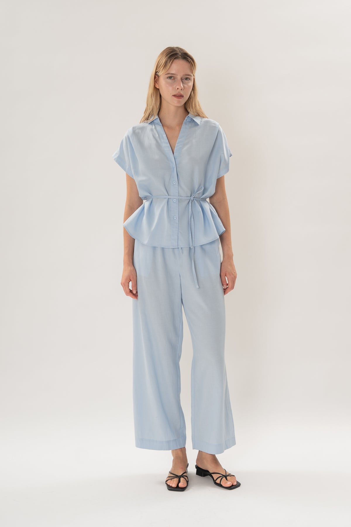 Collared Short Sleeve Waist Tie Top in Mist Blue