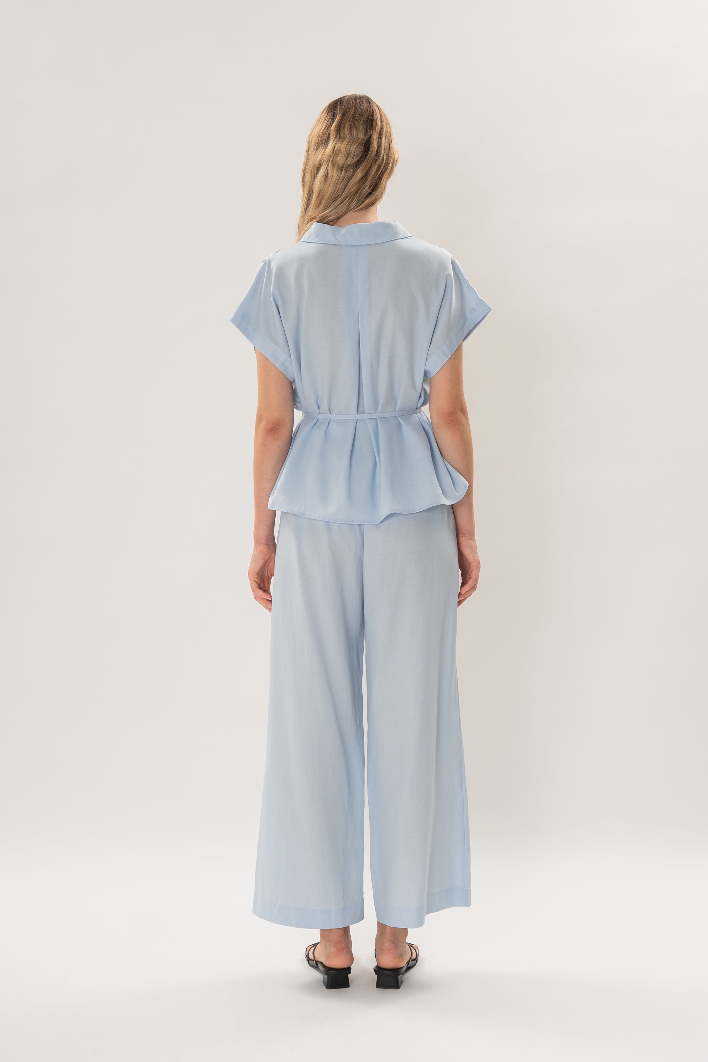 Collared Short Sleeve Waist Tie Top in Mist Blue