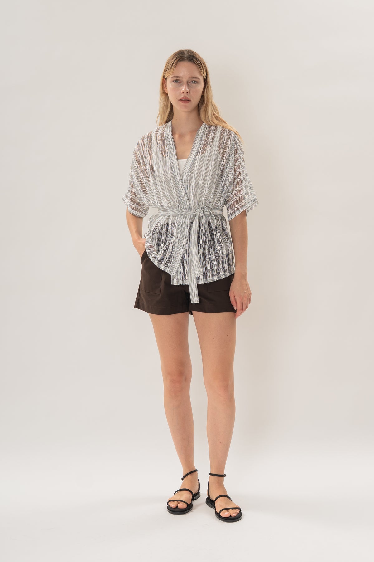Textured Kimono Outer in Embroidered Stripe